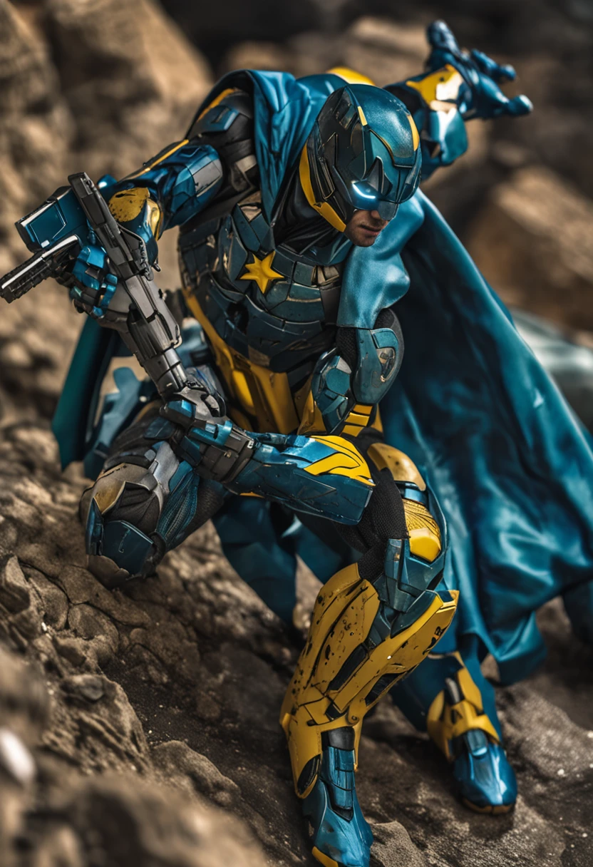 Um batman verde, amarelo e azul, brasileiro, realistic in a titanium cybernetic suit, detalhado, designe perfeito, alta qualidade arestas perfeitas e simetricas ::n_desenho de estilo, Low-quality imperfection, boneco, jogo, anime