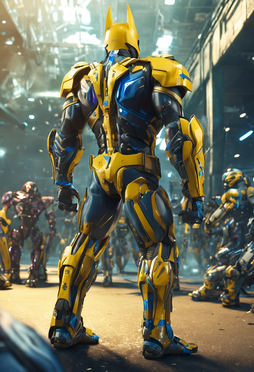 Um batman verde, amarelo e azul, brasileiro, realistic in a titanium cybernetic suit, detalhado, designe perfeito, alta qualidade arestas perfeitas e simetricas ::n_desenho de estilo, Low-quality imperfection, boneco, jogo, anime