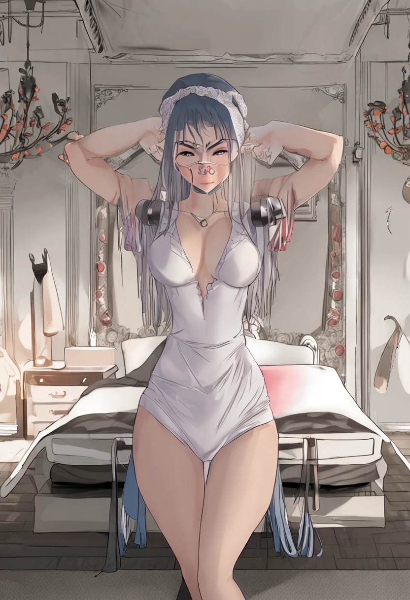 ((La mejor calidad, 8k, Obra maestra: 1.3)), 1girl, rubio, Europa del Este, Ruso, altura 180 cm, Nipple circumference 2 cm, Circunferencia del hombro 95 cm, Slim Abs Belleza: 1.3, (Trenzas de peinado, seno: 90 cm), Llevar top blanco, en una cama : 1.1, Super Fine Face, ojos delicados, 双眼皮, They are smiling, Hogar, todo el cuerpo, with a mask that covers half of the face