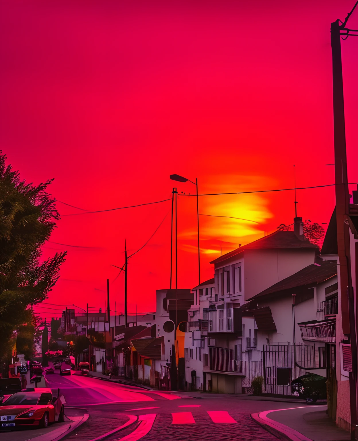 Sunset on the street with street lights and buildings, author:Alexis Grim, The most beautiful sunset, sunset mood, real sunset, sunsettime, colorfull sky, City sunset, colours of the sunset, the colours of the sunset, Orange / Pink sky, Colorful sunset!!, redpink sunset, Colorful sunset, orange and red sky, Sunset colors