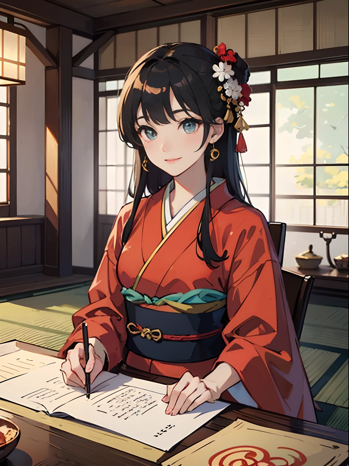 Master Pieces,hyper quality, Hyper Detailed,Perfect drawing,独奏、Beauty in the world、Komono、Japanese dress、Black-haired、Japanese hair、Colorful Japan kimono、Uchikake、Nishijin Ori、Delicate and smart eyes、ssmile、sidelong glance、Graceful、Gorgeous、Beautiful、red blush(0.2)、Dazzling、Stunning、Gorgeous、Gentle、Shunguang、natural soft light、traditional Japanese room、Accurate drawing、Detailed drawing、