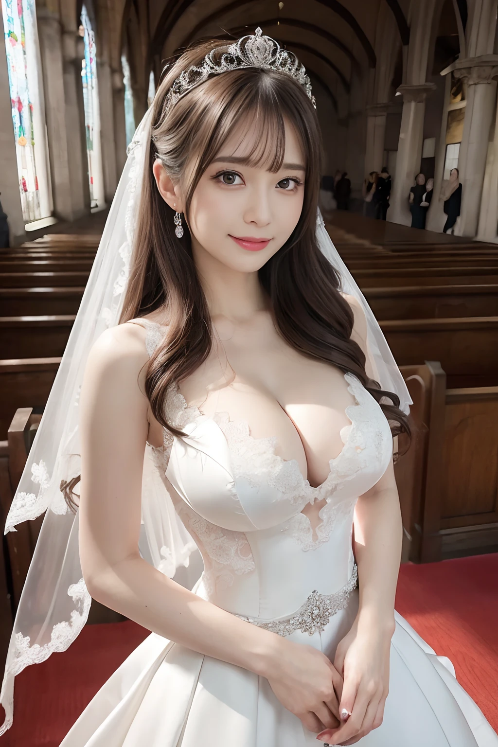 (Best Quality, masutepiece:1.2), (Realistic:1.3), (hyper detailed background, Detailed background), Bokeh, ((medium breasts:1.3)), ((Tense cleavage)),(Long Train Wedding Dresses:1.3),Bridal tiara, Show, Bridal Veil, bridal gauntlets, Bridal Cascade Bouquet, Upper body, Wedding in the church, The skirt spreads round and wide, 1girl in, 20s, Cute,Smiling, Dynamic Angle
