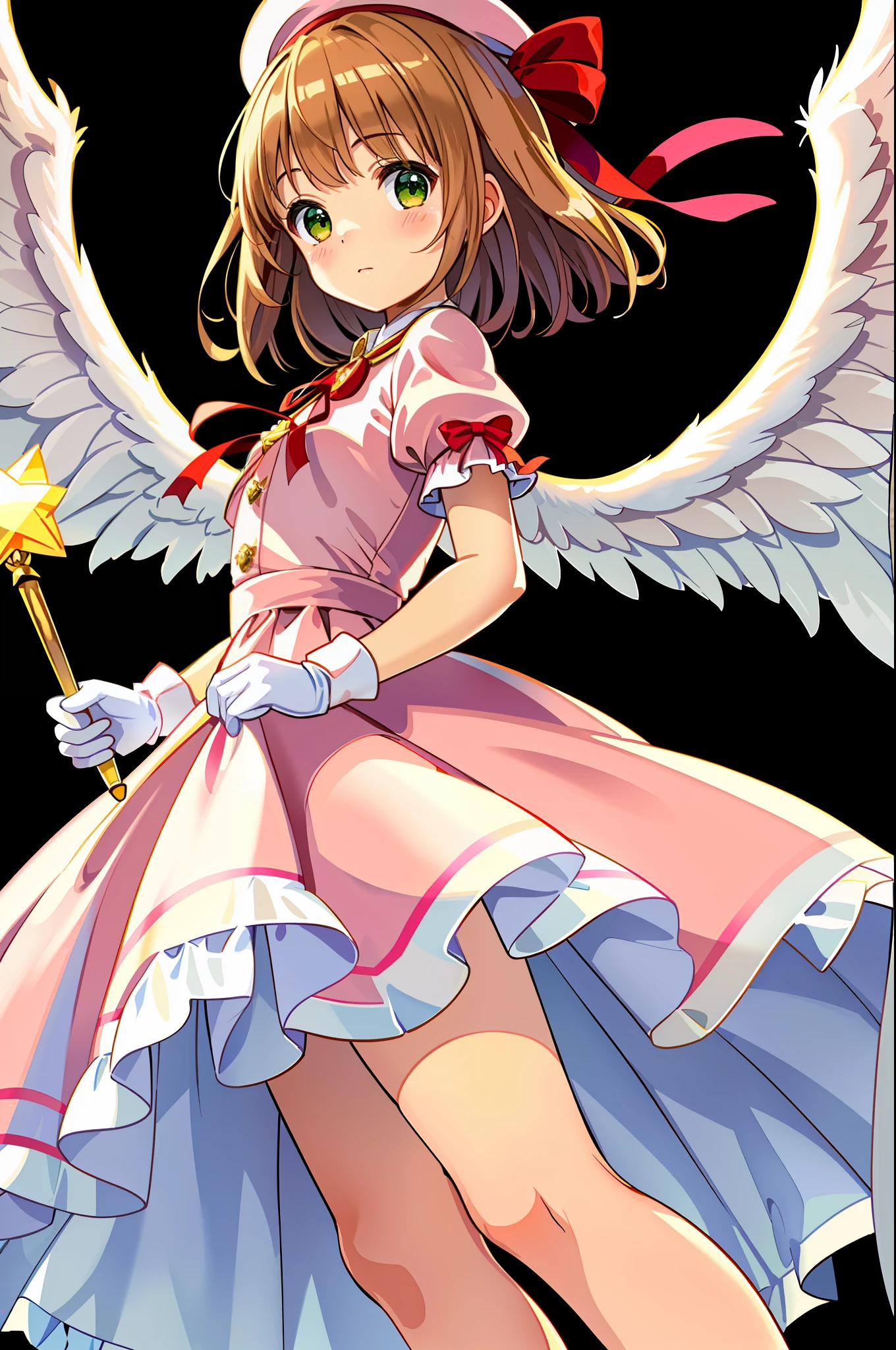 , Height is 160 cm, Beautiful, Cute, shyexpression. 1 female. Light brown hair. Yellow-green eyes. short cut. Match bangs. White top and pink pleated skirt, Red ribbon on the chest, Lace on the edge of the dress. Pale pink panties can be seen. White transparent pantyhose. Pink berets,The back is decorated with a red ribbon. Warm lighting. Looking at the camera. Legs open. Her dress fluttered in the wind. A woman has large wings spread out on her back,The tip is rounded. She held a cute wand in her hand,Long, Thick, Pink handle,There is a large yellow star at the tip,There are small white wings on the sides. Stylish white gloves with red ribbon. In the sky is a mascot doll, A baby yellow cub spreads its little wings and flies. Colored gradient background. Photo quality, high resolution. A masterpiece. illustration.