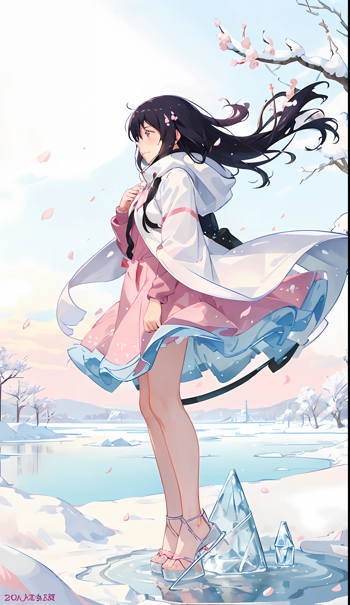 Beautiful and cute girl with few clothes,You can't see the head level under the ice,Heavy winds and snow,Tears of the girl,Frozen,Pink cherry blossoms,NOhumans,There is water all around,There is a glow above,Makoto Shinkai painting style