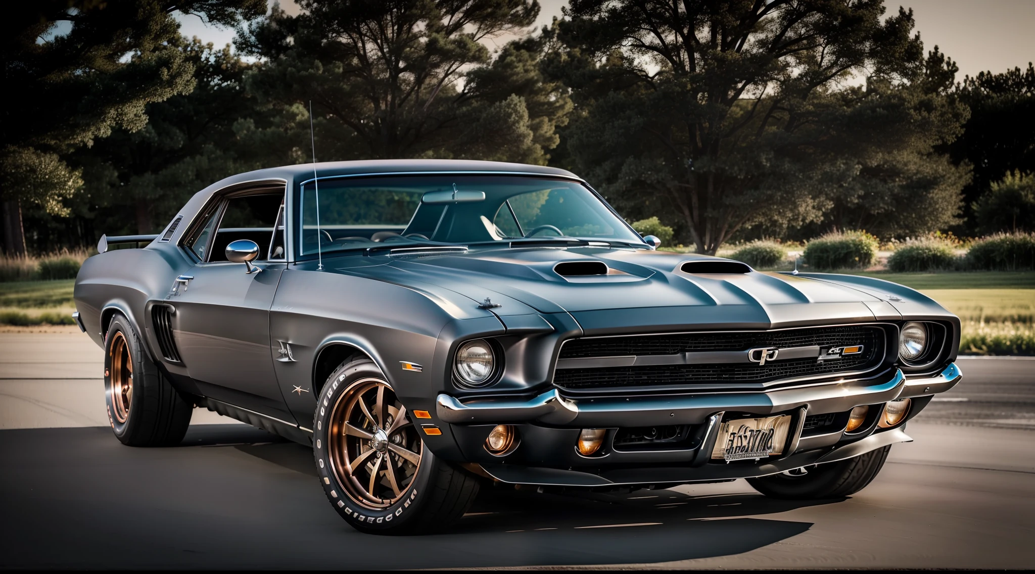 "Generate an ultra-high definition image capturing a wide view of a classic muscle car exuding raw power, featuring rugged pipes jutting out from the vehicle's imposing frame. Employ advanced depth-of-field techniques to ensure every facet of the car's design is intricately detailed, from the steampunk-inspired elements to the matte finish that exudes vintage charm.

Position the camera to showcase the muscle car from a slightly low angle, enhancing its commanding presence and emphasizing the imposing height of the rugged pipes. Utilize a wide-angle lens to capture the intricate steampunk details that adorn the car's body, creating a sense of mechanical artistry.

Employ soft, natural lighting to reveal the textures of the car's matte finish, bringing out its subtleties while minimizing glare. Utilize the rule of thirds to compose the image, placing the muscle car off-center to create visual interest and a balanced composition.

Experiment with exposure settings to maintain a perfect balance between highlights and shadows, showcasing the deep, rich tones of the car's matte color against the surrounding environment.

Capture the image during a moment of stillness, allowing the viewer to appreciate the juxtaposition of the classic muscle car's bold design and the intricate, steampunk-inspired embellishments. Utilize post-processing techniques to enhance the image's contrast, sharpness, and color balance, ensuring that every aspect of this automotive masterpiece is rendered in breathtaking detail."