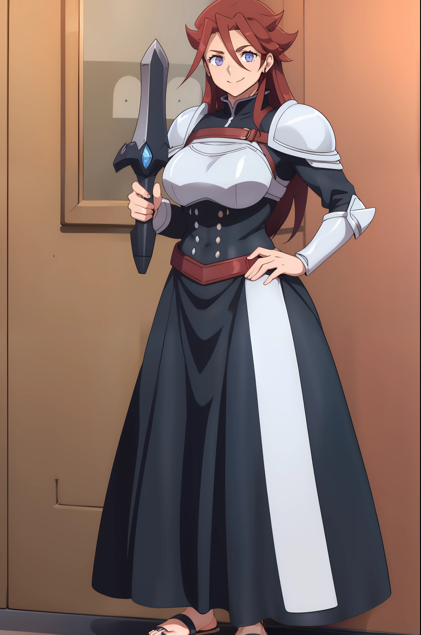 rbykoha, knight armor, long skirt, large skirt, smile, medium breast, full body, flipflops, holding (lance),standing, pants, victorian cloths, pantyhose