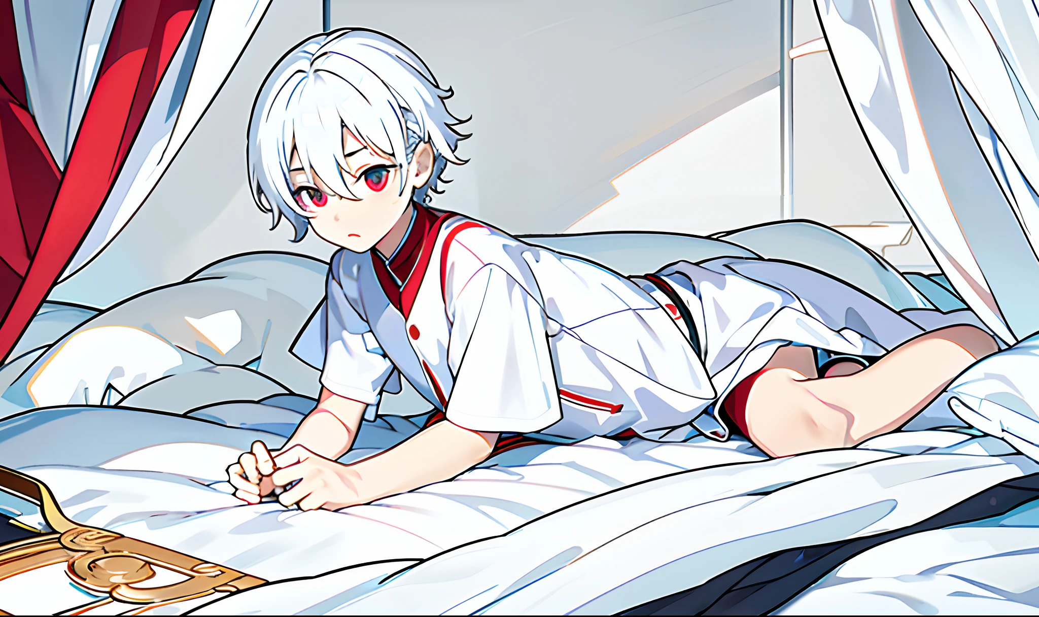 (high-quality, breathtaking),(expressive eyes, perfect face), 1boy, solo, short, young boy, short white hair, red eyes, black clothes, wear short shorts, sad, lying face up, on bed