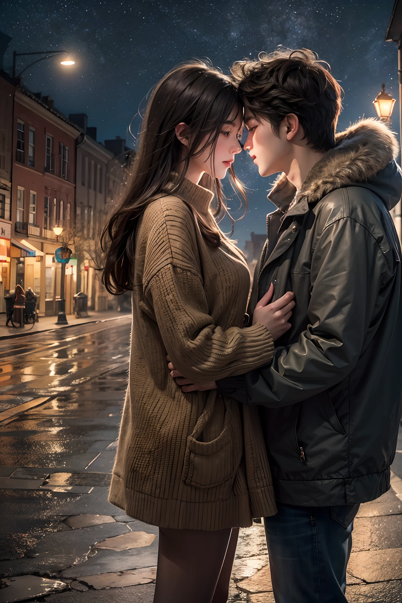 best quality, high details, highres, HD, 16k,A couple kisses goodbye in an empty street, The street lamps at night shone on the two of them