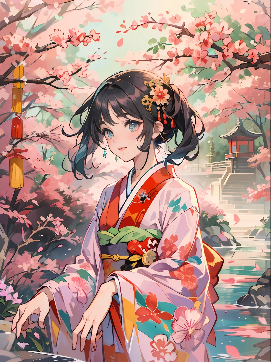 Master Pieces,hyper quality, Hyper Detailed,Perfect drawing,独奏、Beauty in the world、Komono、Japanese dress、Black-haired、Japanese hair、Colorful Japan kimono、Uchikake、Nishijin Ori、Delicate and smart eyes、ssmile、sidelong glance、Graceful、Gorgeous、Beautiful、red blush(0.2)、Dazzling、Stunning、Gorgeous、Gentle、Shunguang、natural soft light、traditional Japanese room、Accurate drawing、Detailed drawing、