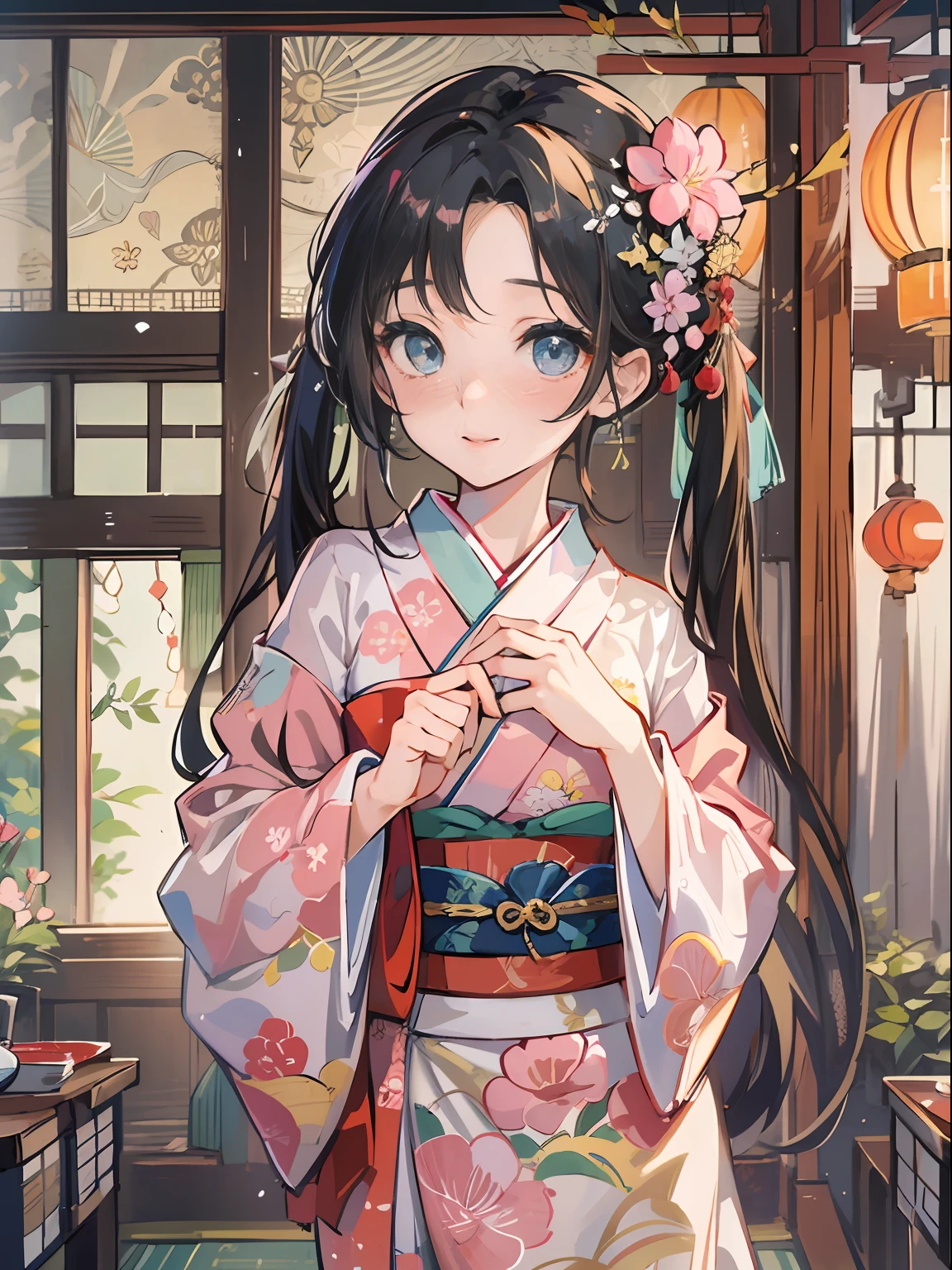 Master Pieces,hyper quality, Hyper Detailed,Perfect drawing,独奏、Beauty in the world、Komono、Japanese dress、Black-haired、Japanese hair、Colorful Japan kimono、Uchikake、Nishijin Ori、Delicate and smart eyes、ssmile、sidelong glance、Graceful、Gorgeous、Beautiful、red blush(0.2)、Dazzling、Stunning、Gorgeous、Gentle、Shunguang、natural soft light、traditional Japanese room、Accurate drawing、Detailed drawing、