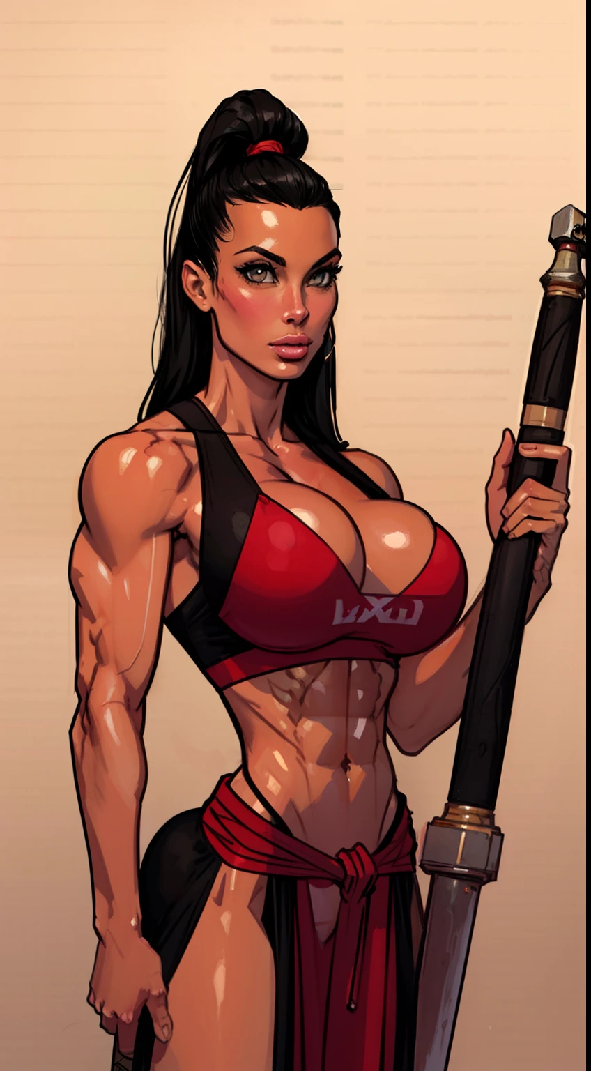 a drawing of a female barbarian, (pink skintone:0.9) with a ((giant hammer)), muscular body, feminine, huge upper body, wide shoulders, veins, beautiful face, full lips, slim face, high cheekbones, muscular, in the art style of mohrbacher, in style of peter mohrbacher
