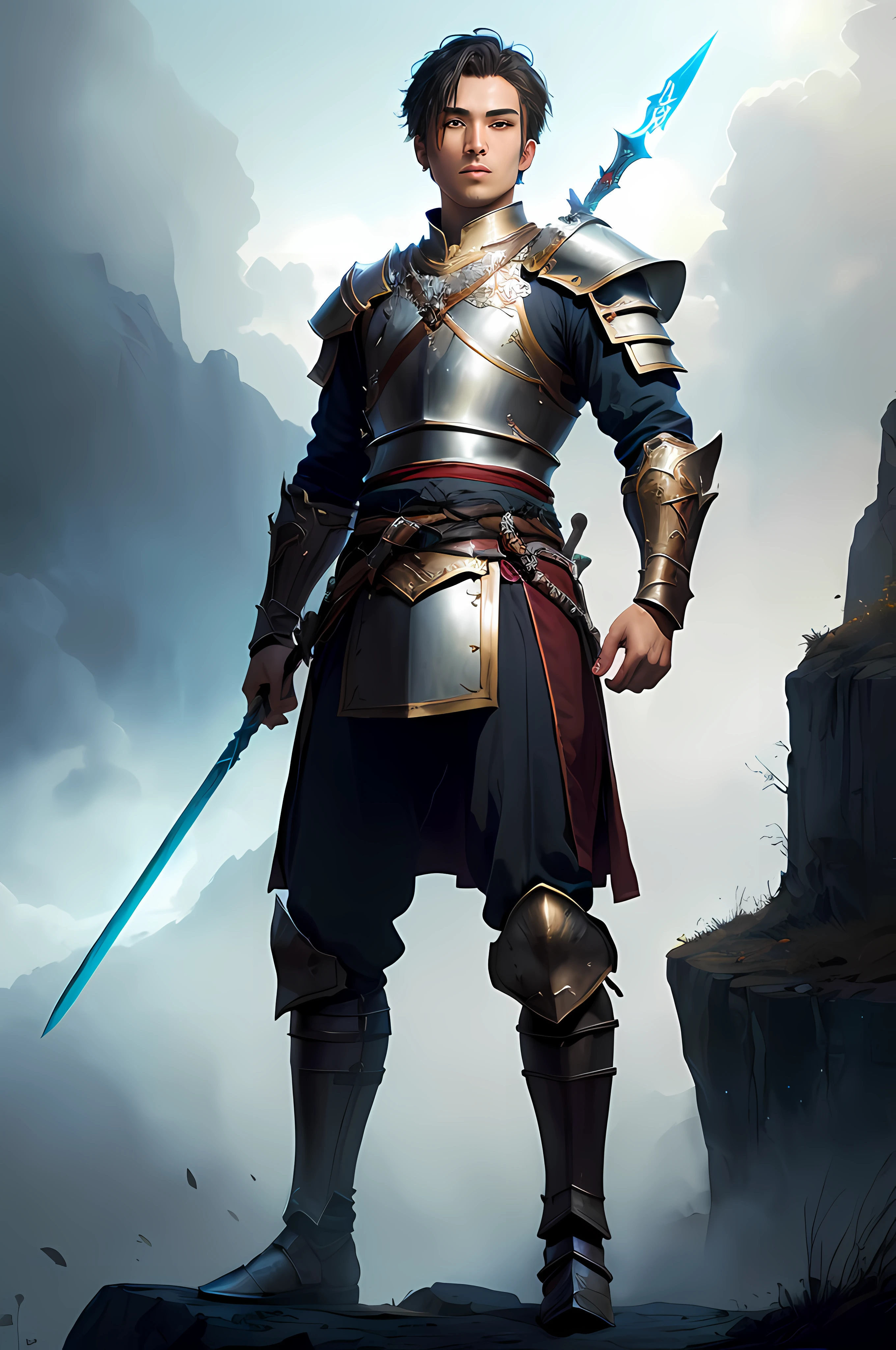 there is a man in armor holding a sword on a cliff, full portrait of magical knight, picture of an adult male warrior, a human male paladin, male paladin, fantasy warrior in full armor, fantasy paladin, concept art of a warrior, fantasy character portrait, male warrior, epic exquisite character art, fantasy warrior, full body dnd character portrait
