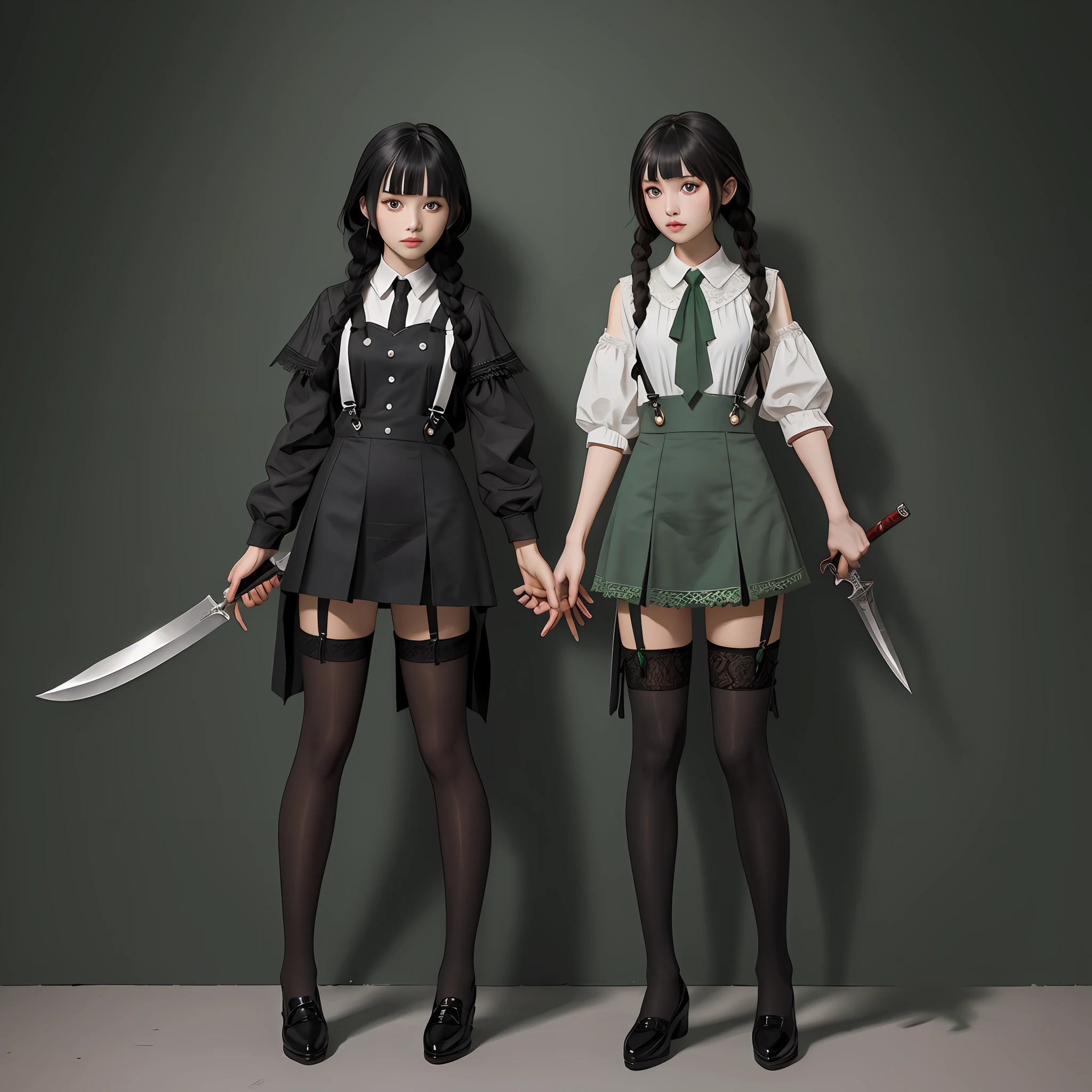 Black hair, green pick-dye, weapons, long knives, ball heads, small twisted braids, oblique bangs, black pupils, black Jane Mary shoes, left leg loops and leg covers, right leg is black suspender lace stockings, full body picture