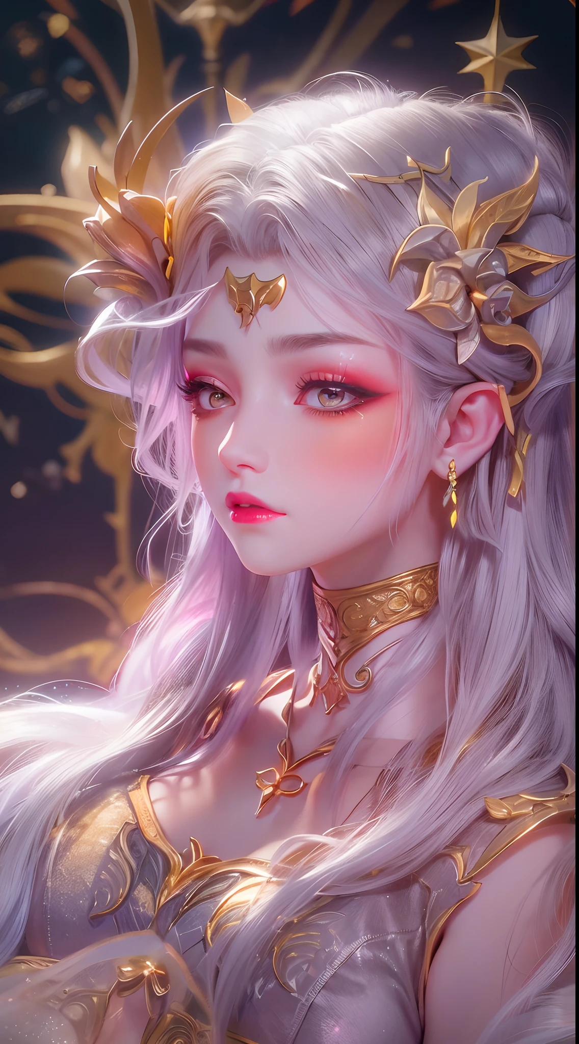 1 20 year old girl, 1 goddess Athena, pink purple silk dress, beautiful goddess Athena face without blemishes, delicate yellow nightgown, long thin sequin nightgown with many sexy black lace details, 1 beautiful thin red silk cloth half veil, female saint legend, female saint icon, beautiful goddess style glitter, dark and mysterious version, vermilion lips, plump red lips, not smiling, mouth closed, delicate and beautiful pino detailing, delicate and beautiful lip detail, , (pure and flawless face: 1.9), female saint body, round chest, big and round breasts, phoenix brooch, long flat bangs, (7-color rainbow hair: 1.9), flower stickers tattoo on forehead, beautiful clear face and well-proportioned eyes, (transparent yellow eyes: 1.8), (big round eyes and makeup, sexy wet eye makeup, very beautiful and meticulous hair makeup, long and delicate blonde hair, delicate, body image: 1.8), figure: and vivid, (stars that make up the sky: 1.7), (the sky of heaven and the fictitious gate of time and space: 1.8), fictional art, RAW photos, hanfu photos, best photos, high resolution, best quality, best photos, best goddess quality, 8k female, super 8 single saint portraits, truest color schemes, masterpieces, best beauty brands, best hair jewelry, brand real photo, dark studio, border light, two-tone lighting, (rose white skin: 1.4), (high skin detail: 1.1), 8k uhd, d slr, soft light, 8k, high quality, candid, volume Smooth and sharp, 10x pixel increase, sexy goddess, sexy goddess, (background space: 1.8), (most beautiful aurora eyes: 1.7), beautiful eyes, aurora beautiful and flowery, (beautiful single girl: 1.8), (more details:0.8),
