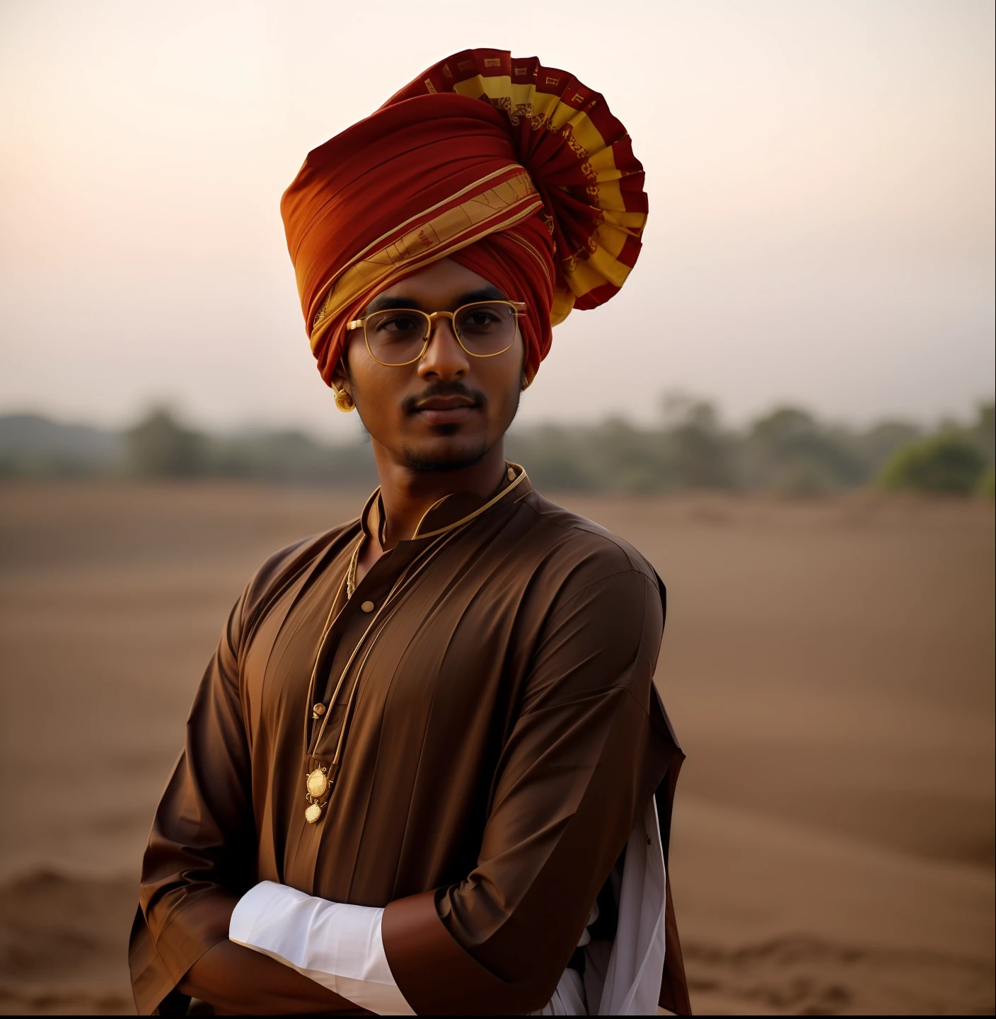 there is a man wearing a turban and glasses standing in the dirt, wearing traditional garb, jayison devadas, profile picture 1024px, young commoner, jayison devadas style, traditional clothes, traditional dress, profile picture, very very low quality picture, portait photo profile picture, profile pic, a handsome, wearing a turban
