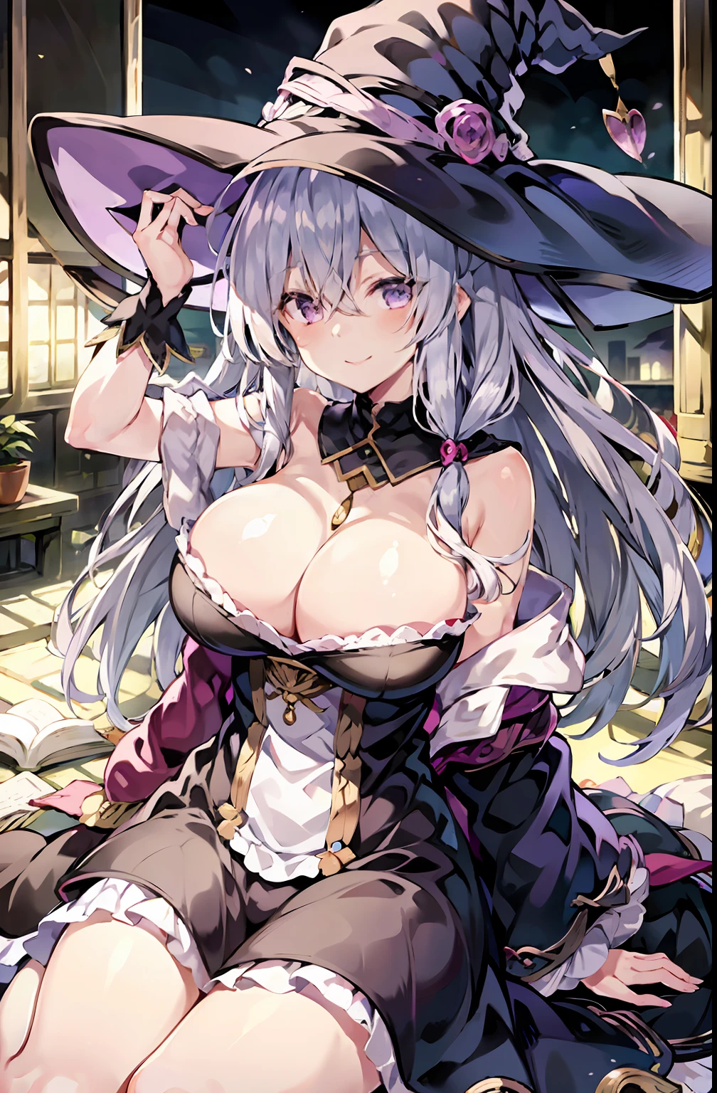 tmasterpiece，A high resolution，best qualtiy，Kizi，Lori huge breasts cleavage，chiquita，super adorable，White-haired purple eyes，Wizard's Hat，ssmile，Magic guide book in hand，Dragons，There is a dragon tail