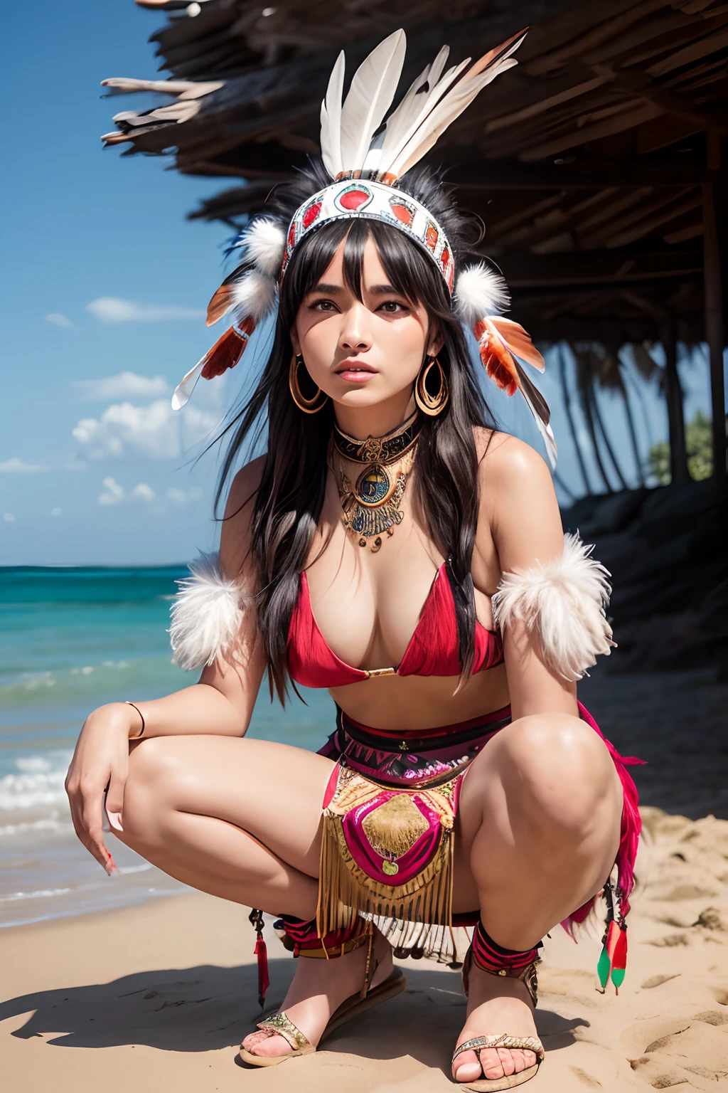 arafed woman in a feather headdress standing on the beach, feather native american headgear, feathered headdress, american indian headdress, headdress, native american, native rich jewelry, wearing a native american choker, tribal style, she has feathers, tribal clothing, wearing crown of bright feathers,( provocative indian), ornate headdress, chicken feather armor, ((squatting))