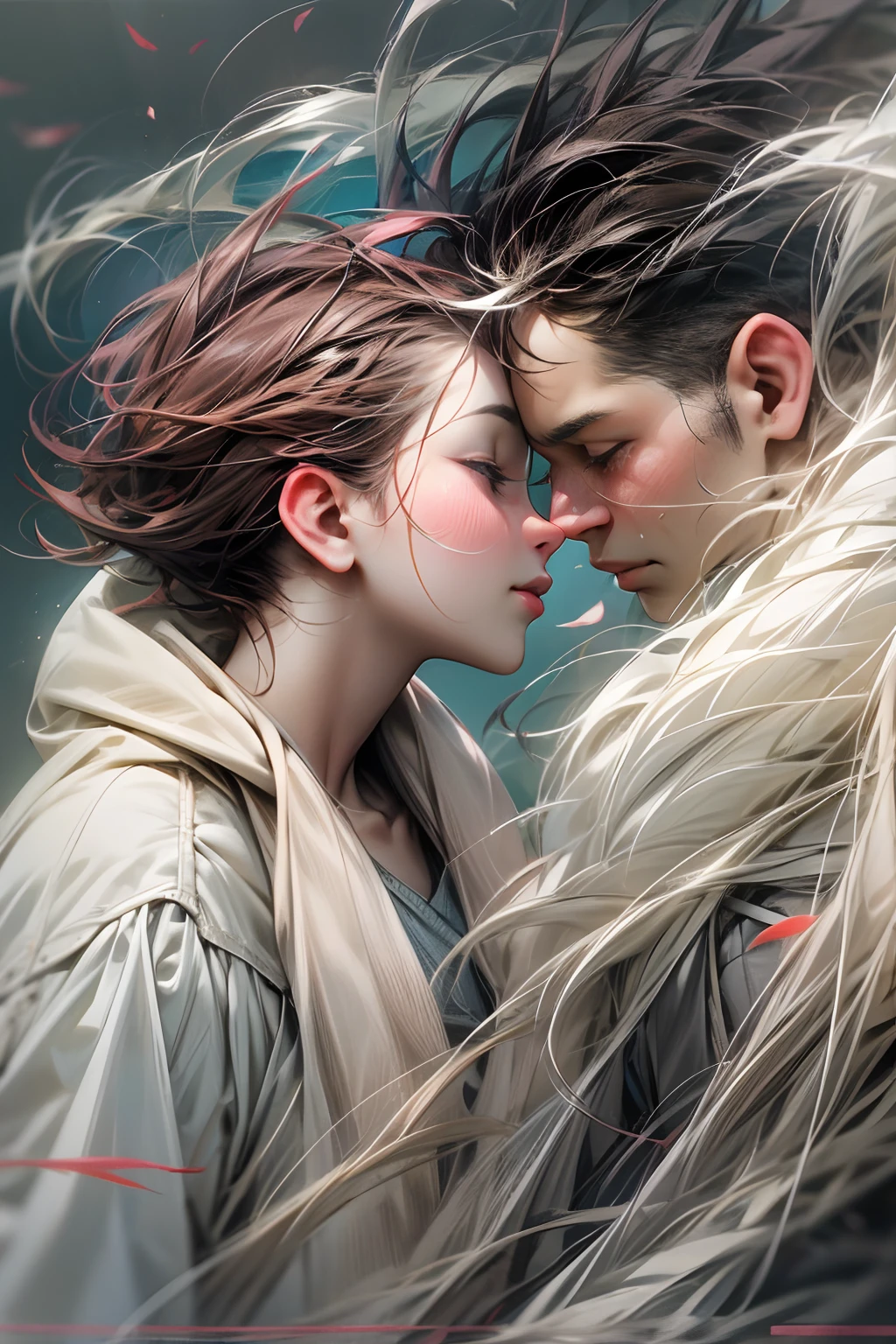 Romantic couple kissing in the wind