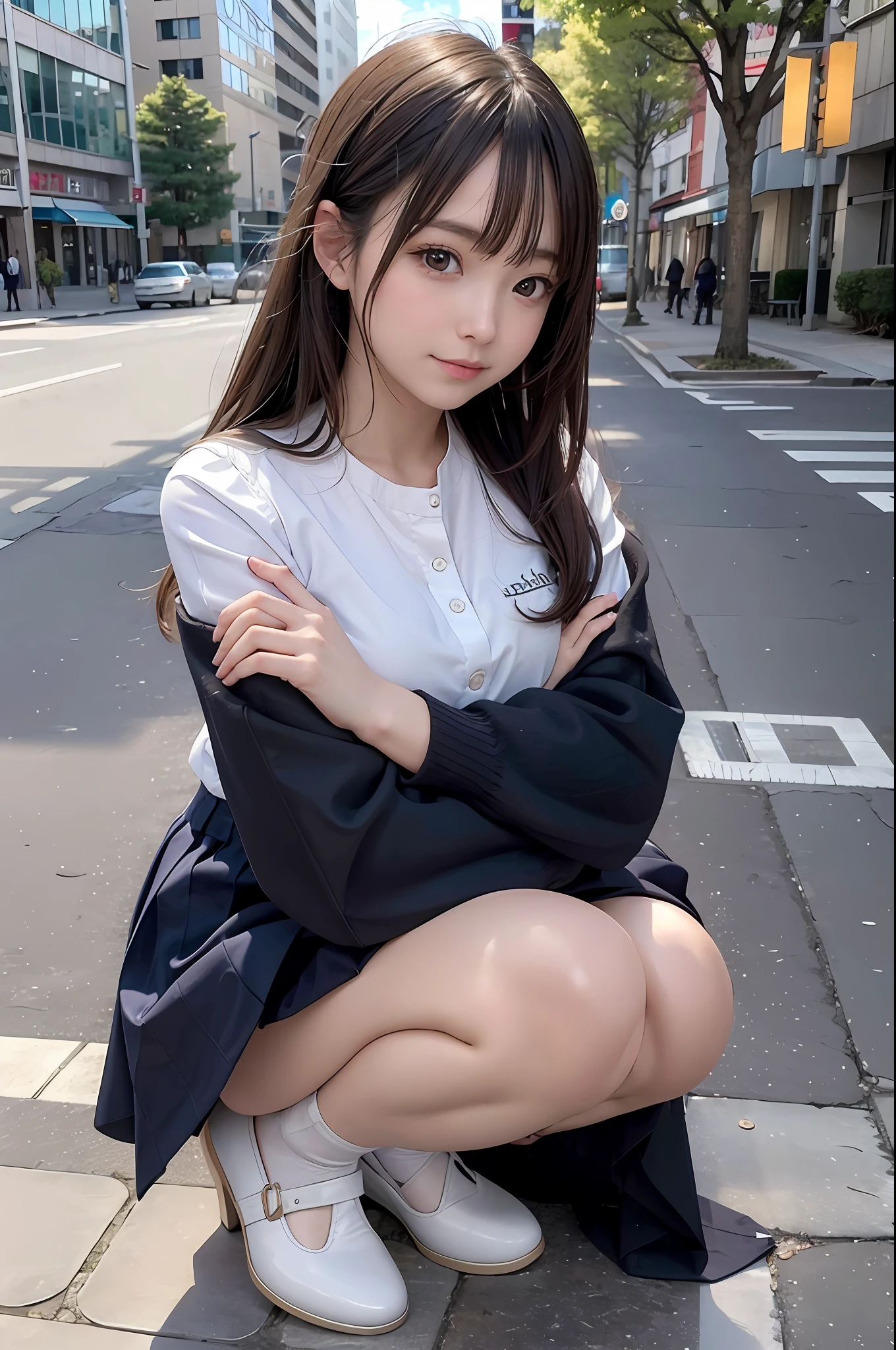 NSFW,Move the center of gravity backward, Place your hands in front of your feet, put both feet in the circle of your hands, Very embarrassing, witheout panties, Thin leg, Fairsias, 90 degree knees, heels on the ground, hands in front of my feet, hugging my legs, Kneeling, Walkway, Photo RAW, 8K, top-quality,  超A high resolution, Beautiful Detail Face, Real Human Skin, Gentle expression, Front view, Angle from below, The long-haired, realist, Photorealista, bonito, falda corta, Squatting on the background of the city, cute school girl, Japan Student Uniforms, wearing japanese school uniform, Surreal High School Girl, full body Esbian, Yellow duck,