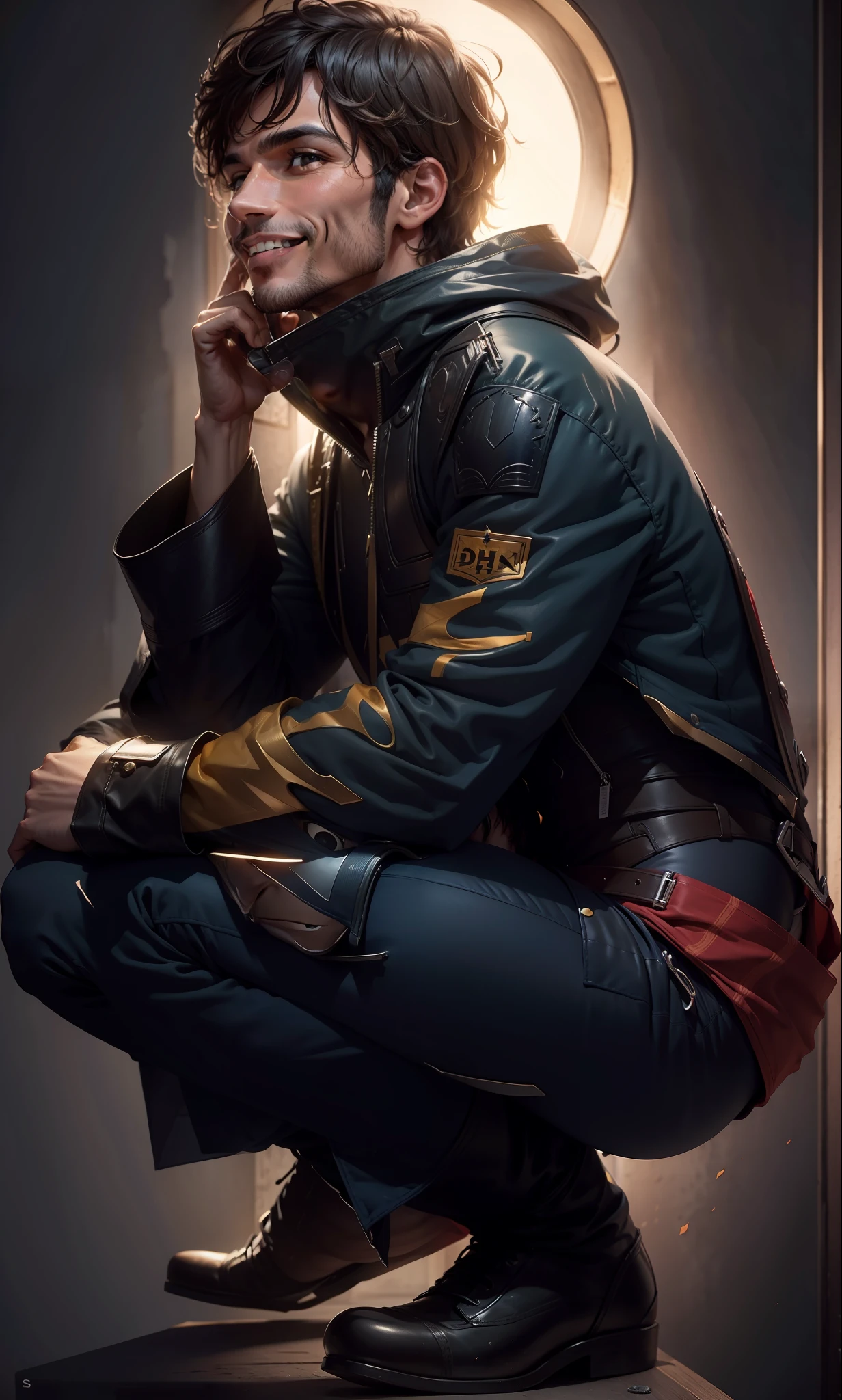 homem sorridente, sentado, 4k.