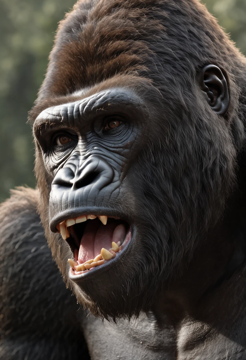 a close up of a gorillaz with its mouth open and its mouth wide open, gorillaz, Sasquatch irritado, king kong, an king kong rage on street, from Kong's skull island (2017), not two primitive macaques style, realistic creature concept, highly detailed animal monster, marmoset rendering, impressive Sasquatch, monster concept art, like gorillaz: ultra realistic and detailed