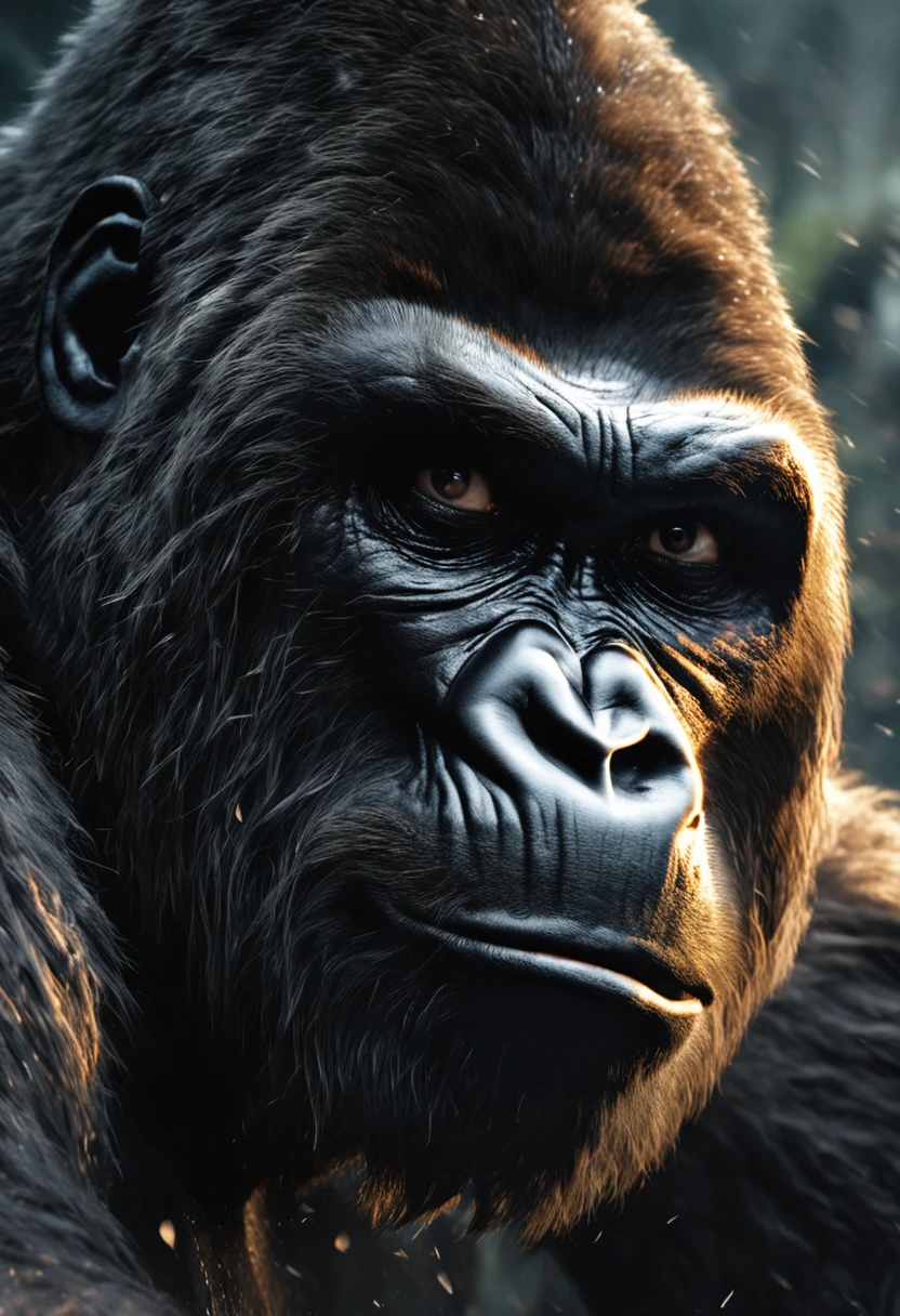 Roaring King Kong,head portrait,Close-up,of a real,Facial features are carefully depicted,Realistic skin texture,Dark style,depth of fields,high light,Real light,Ray traching,oc rendered,Hyper-realistic,best qualtiy,8K,Works of masters,super-fine,Detailed pubic hair,Correct anatomy,sharp focus on eyes,Bokeh,Facial features are carefully depicted