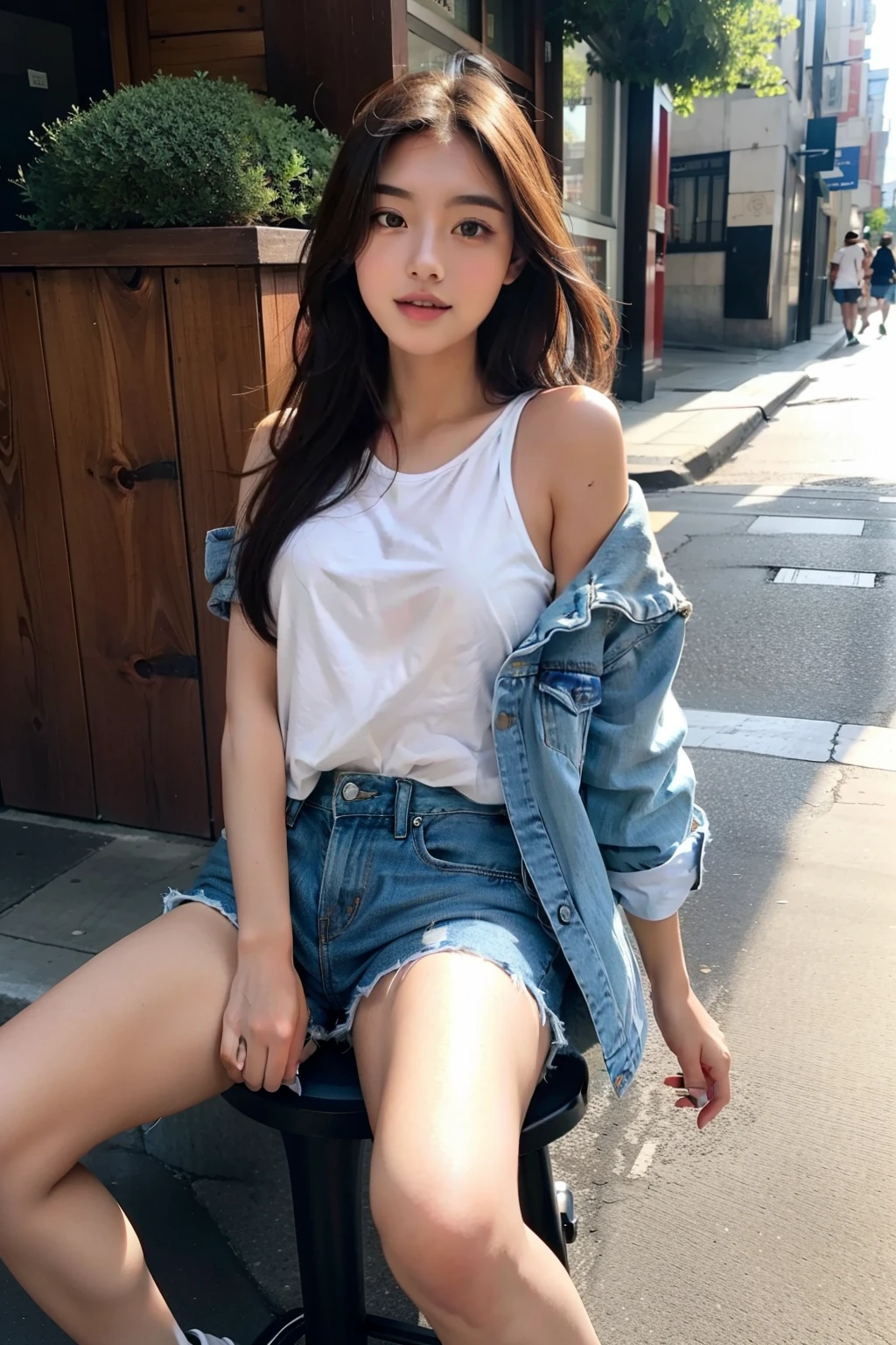 Beautiful girl,is wearing a shorts,the street,spread their legs
