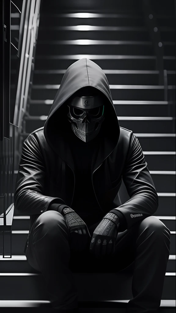 Badass👑, hooded man upside down, skull mask, wistful, Olhos cinzentos Sentados em uma escada, fundo neon preto, Epic lighting, Photography Lighting, reflection mapping, ultra detalhado, fotorrealista, cinemactic, movie quality rendering, vfx post production, rtx ray tracing lighting, atmosfera mal-humorada, Sombra, Epic lighting, Photography Lighting, reflection mapping, ultra detalhado, fotorrealista, cinemactic, movie quality rendering, vfx post production, rtx ray tracing lighting, atmosfera mal-humorada, Sombra, so sad in the rain, Cristo, Dia escuro, hiper detalhado, High detail, detalhe requintado por Canon EOS, quadris largos, chast largo, Retrato de corpo inteiro, Lente 600mm, Sony Alpha α7, epics, Dramatic, Cinematic lighting, alto contraste, 8k, foto realista, designer de personagens
