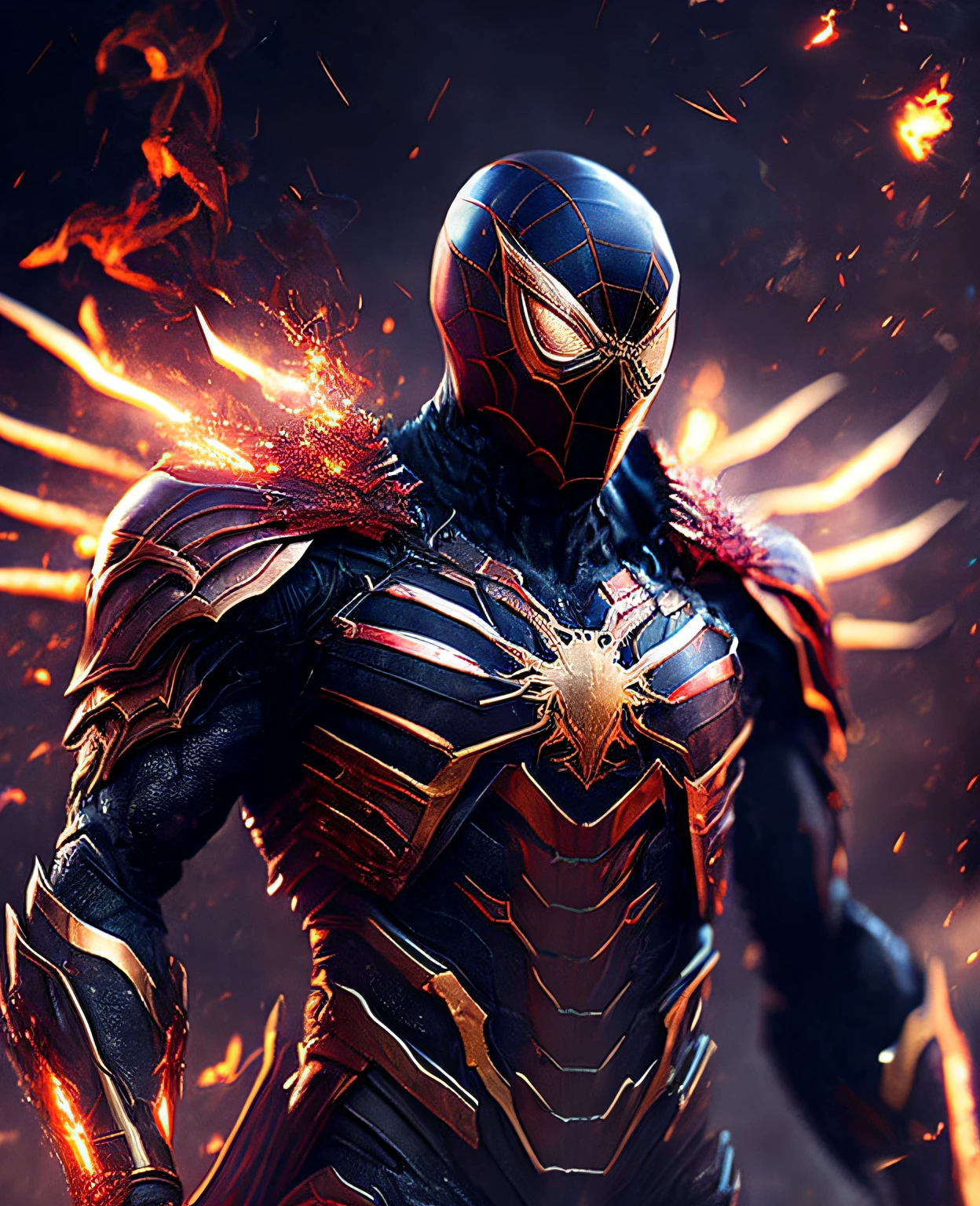 мрачный портрет Iron Spider Horseman of the Apocalypse from Marvel, Extremely detailed, night time, Smoke, sparks, metal shavings, Flying debris, Energy Effects, surround light