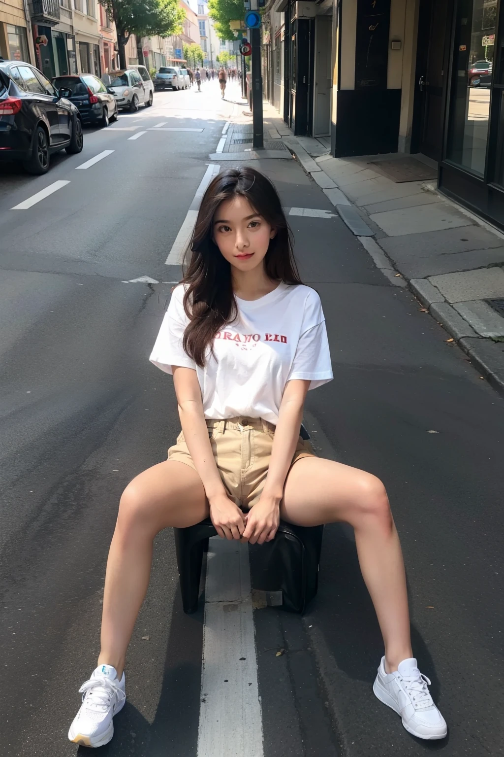 Beautiful girl,is wearing a shorts,the street,spread their legs