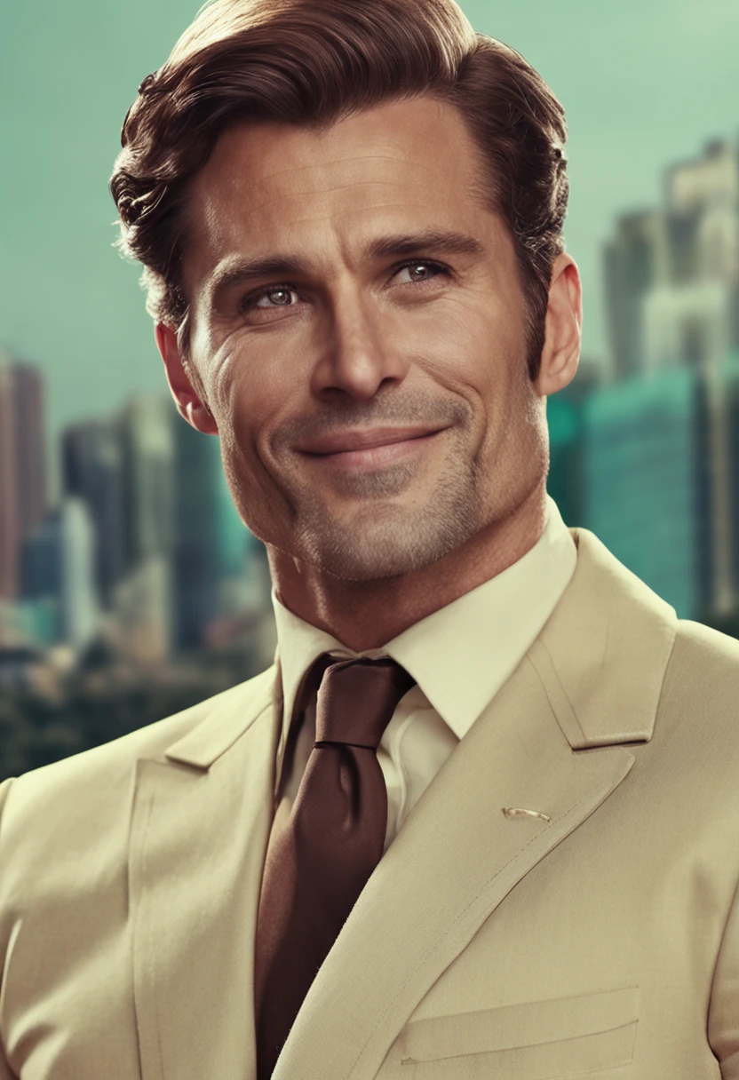 A man in this 30s, dark brown suit, light smile, 3-day stubble, shot fade-like brownish hair, green eyes, top from the waist