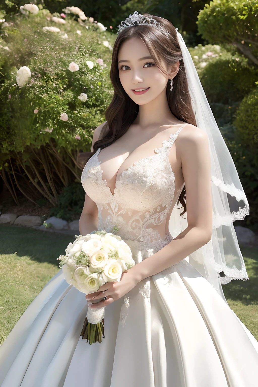 (Best Quality, masutepiece:1.2), (Realistic:1.3), (hyper detailed background, Detailed background), Bokeh, ((medium breasts:1.3)), ((Beautiful valley)),(Princess Line Wedding Dresses:1.3),Bridal tiara, Show, Bridal Veil, bridal gauntlets, Bridal Cascade Bouquet, Upper body, Wedding hall near the beautiful sea, The skirt spreads round and wide, 1girl in, age, Cute,Smiling, Dynamic Angle