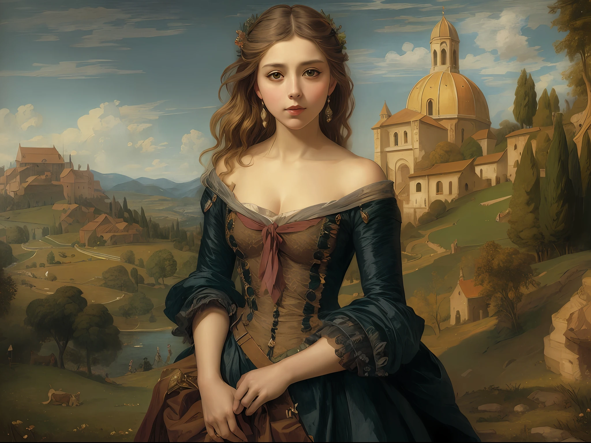[beste-Qualit, tmasterpiece, extra high resolution, photo-realistic, in the style of pin-up, ager Elizabeth Olsen, off-shoulder, ssmile:20]Background, a bizarrely insanely detailed Renaissance landscape in the style of Titian, impressionism:0,1