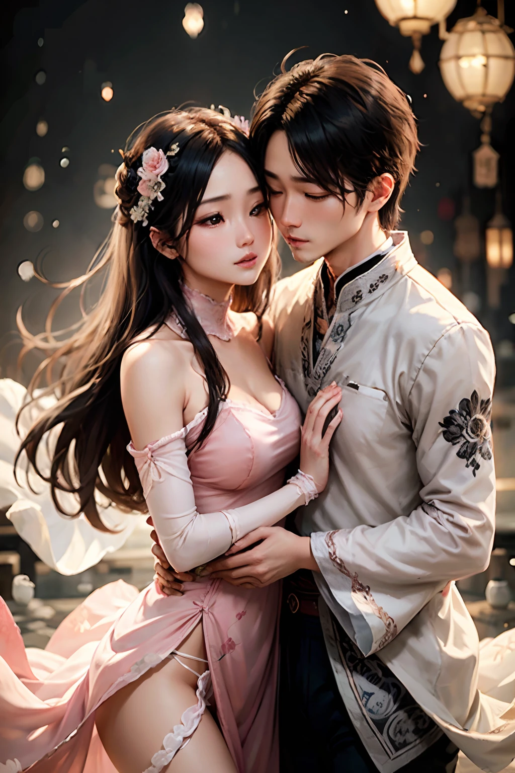 ,1 moon，Romantic couple kissing in the wind，anatomy correct, Delicate pattern，Oriental elements，Ink painting style, Clean colors,Pink rose space, Soft lighting, ( Bokeh)，Masterpiece, Super detailed, Epic composition, Highest quality, 8K，