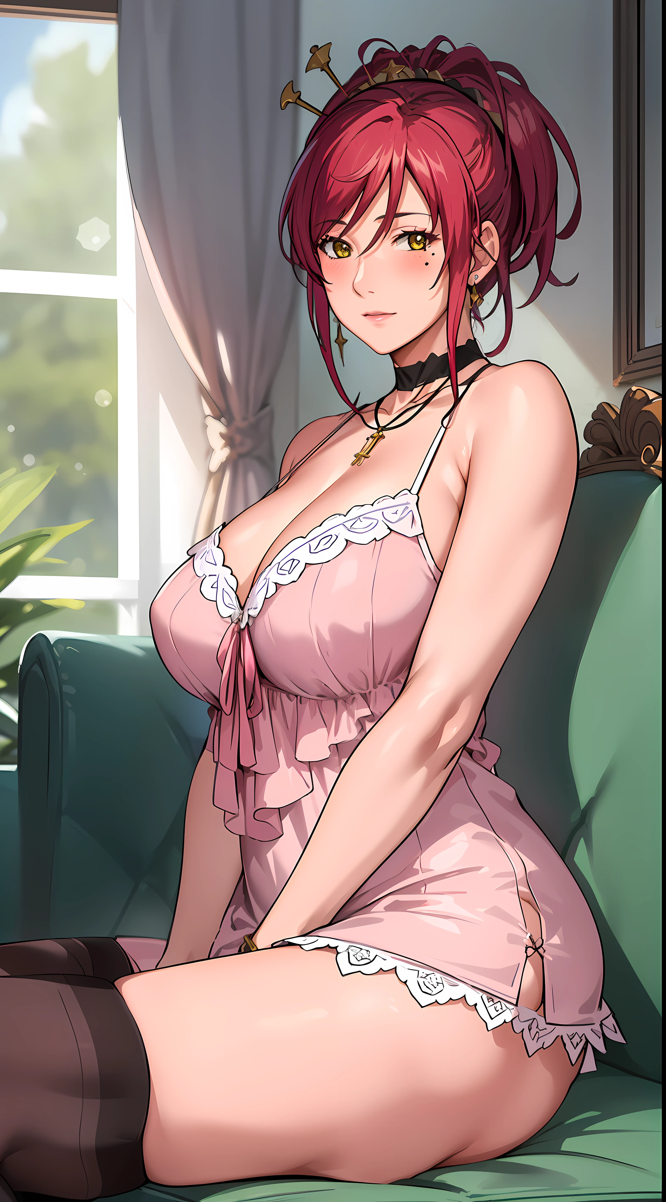 professional artwork, Intricate Details, field of view, sharp focus, detailed painting, photorealistic lighting, trending on pixiv,(masterpiece:1.0),(best_quality:1.0), ultra high res, ultra-detailed, photography, 8K, HDR, highres, absurdres:1.2, Kodak portra 400, film grain, sharp focus, bokeh:1.2, lens flare, (vibrant_color:1.2), Marie Mamiya, mature female, milf, solo, (curvy:1.1), ((sitting on sofa)), luxury room, (red hair:1.05), hair ornament, (mole under eye:0.9), choker, ultra detail hair, ultra detail face, (yellow eyes:1.05), perfect eyes, perfect face, earrings, (seductive look, blush:1.15), (negligee:1.2), choker, (black thighhighs:1.1), bare shoulders, necklace, fingernails, (Large Breasts:1.15), Cleavage, big ass,(upper body, half body shot), (looking at viewer, facing front:1.4), sitting