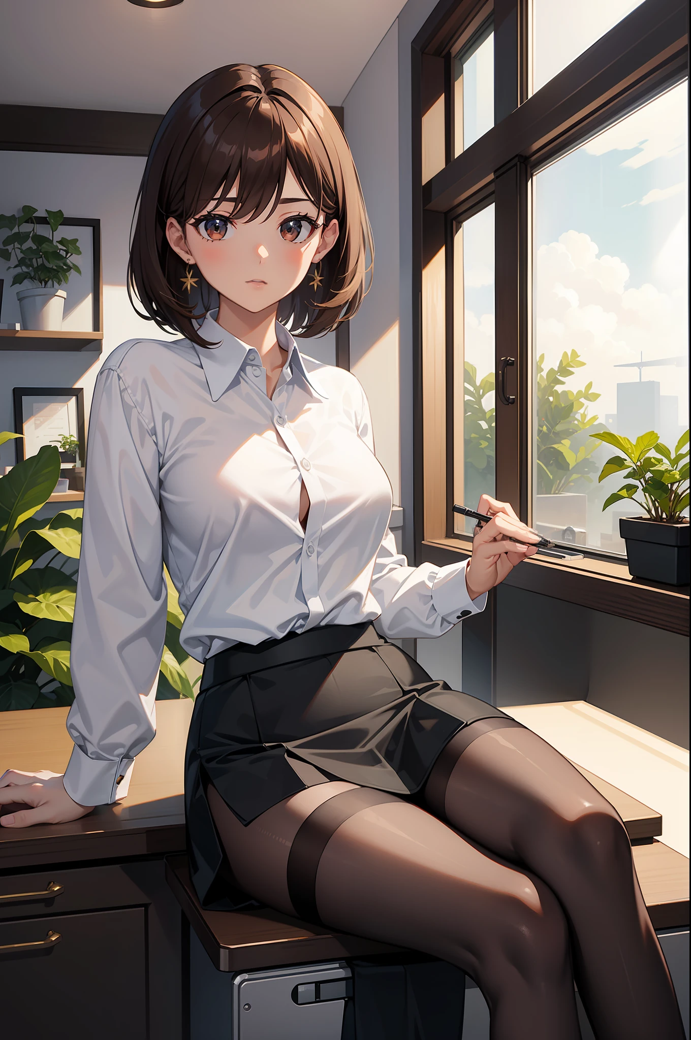 Need，tmasterpiece，Lots of detail，Highest high resolution，office room，workplace，1female，brown  hair，short detailed hair，with brown eye，White shirt top，Black hip skirt，black pantyhoses，office desk，There are potted plants on the table，There is a computer on the desk、mouse。