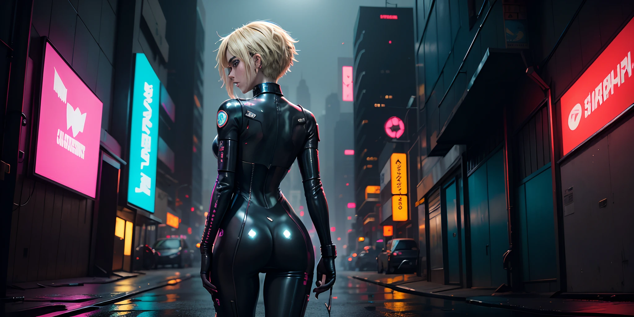 Kiernan Shipka, solo, seen from behind with short blonde hair in a black latex corset standing on a wet street, cintura fina, bunda bonita, coxas grossas, pernas nuas, bunda exposta, pele de porcelana em Cyberpunk city, em uma cidade cyberpunk, no estilo cyberpunk, Foto cyberpunk, tiro nas costas, Short shiny latex rear shot, Cyberpunk, cyberpunk em uma cidade cyberpunk, Cyberpunk feminino loira, in a cyberpunk setting, em uma cidade cyberpunk, em uma cidade cyberpunk, Cyberpunk, Garota cyberpunk, em uma Cidade Cyberpunk Futurista, apenas uma mulher, kiernan shipka
