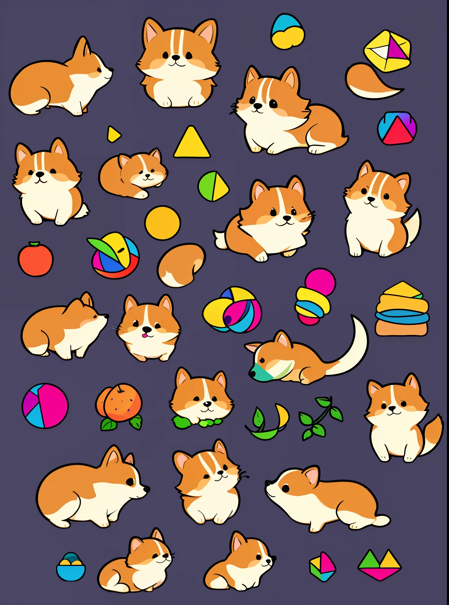 Set of 9 cute little corgis,Various meme stickers,The amount that comes to mind in the whole body::2 Quantities that come to mind,cutecolors,Sticker art design,Illustration illustration,There is a suitable interval between each graphic,Elements above the background(Such as colorful fruits or butterflies or toys),Simple line 2D painting,Popular art station,number art,Pixel-style geometry,Line drawing,vectorial,Blank background,16K HD(No extra legs,No extra tails,No extra nose)