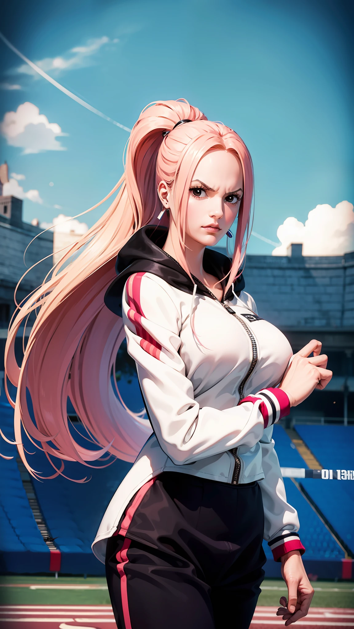 hina from anime one piece, long hair, pink hair, ponytail, perfect body, perfect boobs, beautiful woman, very beautiful, wears a black nike hoodie, black jogger pants, wears a watch, wears earrings, wears white nikes, is in football field, Realism, masterpiece, textured skin, super detail, high detail, high quality, best quality, 1080P, HD, 16k