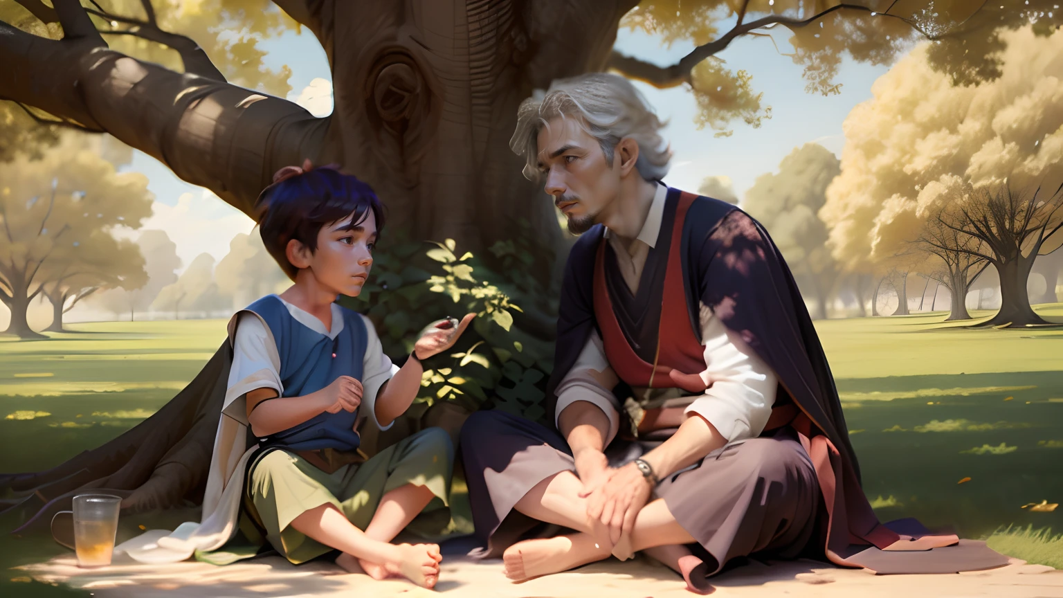 A wise man and a cute young boy, sitting under the oak tree, teaching lessons, looking at each other