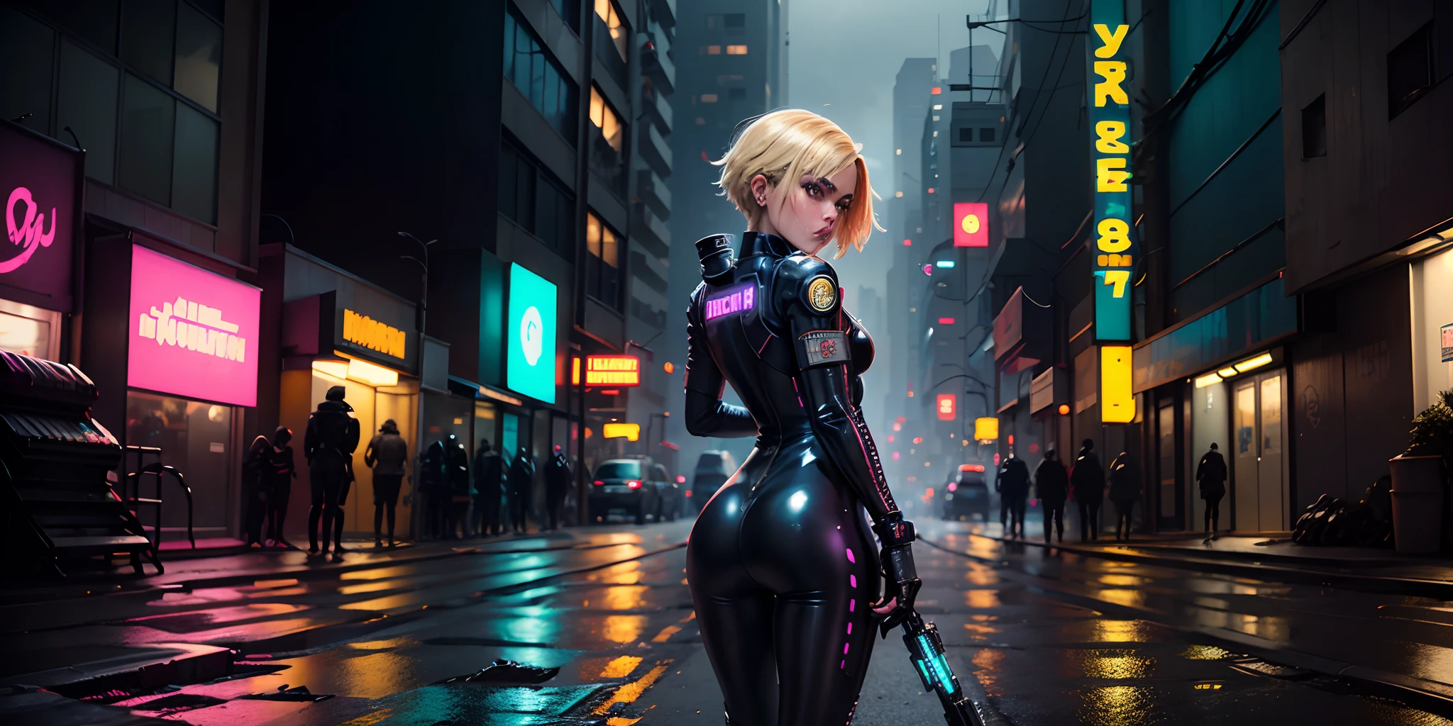 Kiernan Shipka, solo, seen from behind with short blonde hair in a black latex corset standing on a wet street, cintura fina, bunda bonita, coxas grossas, pernas nuas, bunda exposta, pele de porcelana em Cyberpunk city, em uma cidade cyberpunk, no estilo cyberpunk, Foto cyberpunk, tiro nas costas, Short shiny latex rear shot, Cyberpunk, cyberpunk em uma cidade cyberpunk, Cyberpunk feminino loira, in a cyberpunk setting, em uma cidade cyberpunk, em uma cidade cyberpunk, Cyberpunk, Garota cyberpunk, em uma Cidade Cyberpunk Futurista, apenas uma mulher, kiernan shipka