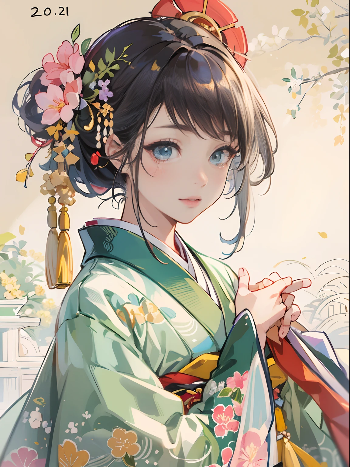 Master Pieces,hyper quality, Hyper Detailed,Perfect drawing,独奏、Beauty in the world、Komono、Japanese dress、Black-haired、Japanese hair、Colorful Japan kimono、Uchikake、Nishijin Ori、Delicate and smart eyes、ssmile、sidelong glance、Graceful、Gorgeous、Beautiful、red blush(0.2)、Dazzling、Stunning、Gorgeous、Gentle、Shunguang、natural soft light、traditional Japanese room、Accurate drawing、Detailed drawing、