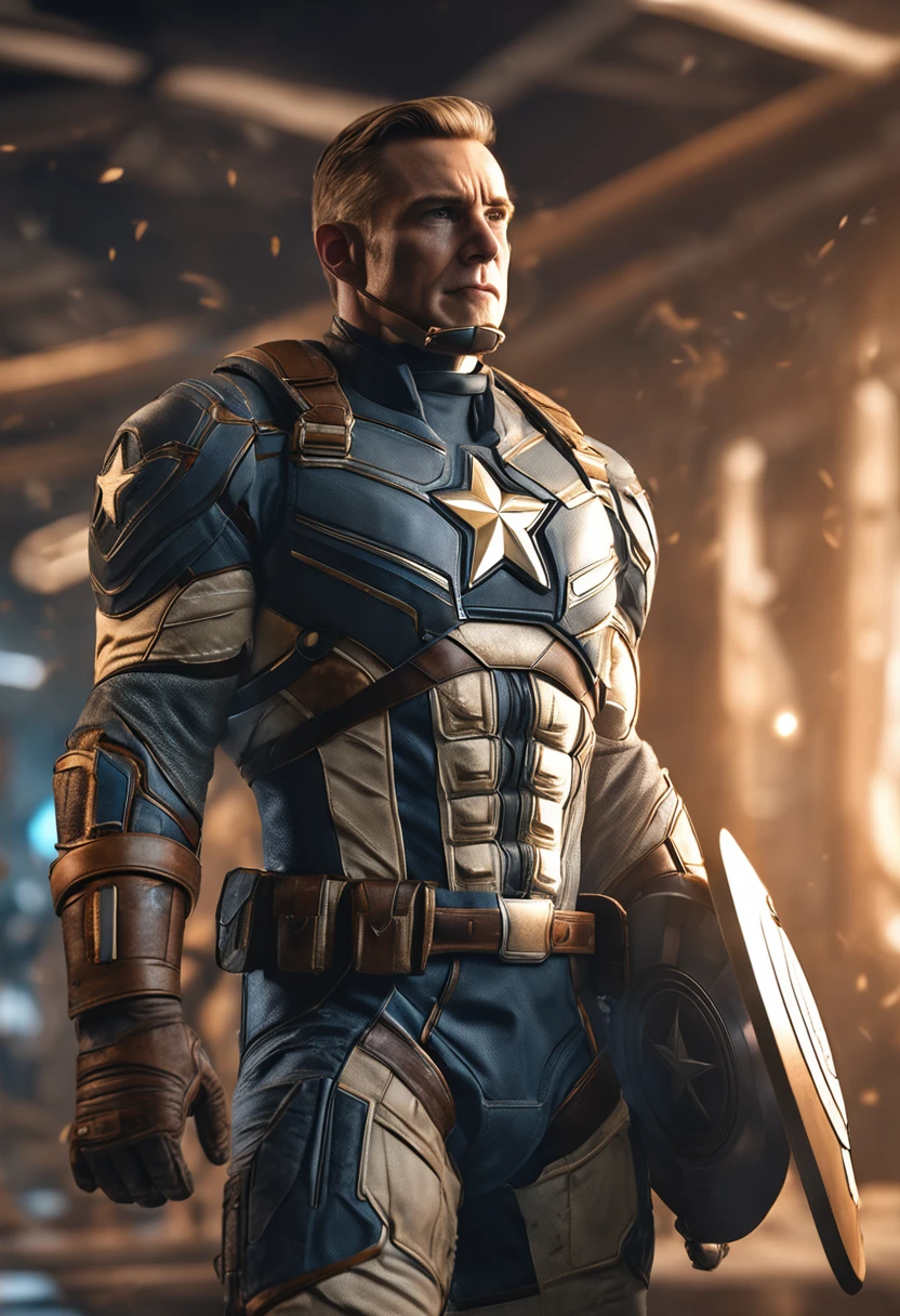 full body shot of captain america in white and gold armour style suit, no mask on, white cape, looking at center camera, perfect composition, beautiful detailed intricate insanely detailed octane render trending on artstation, 8 k artistic photography, photorealistic concept art, soft natural volumetric cinematic perfect light, chiaroscuro, award - winning photograph, masterpiece, oil on canvas, raphael, caravaggio, greg rutkowski, beeple, beksinski, giger, trending on artstation, sharp focus, studio photo, intricate details, highly detailed, night city background, by greg rutkowski
