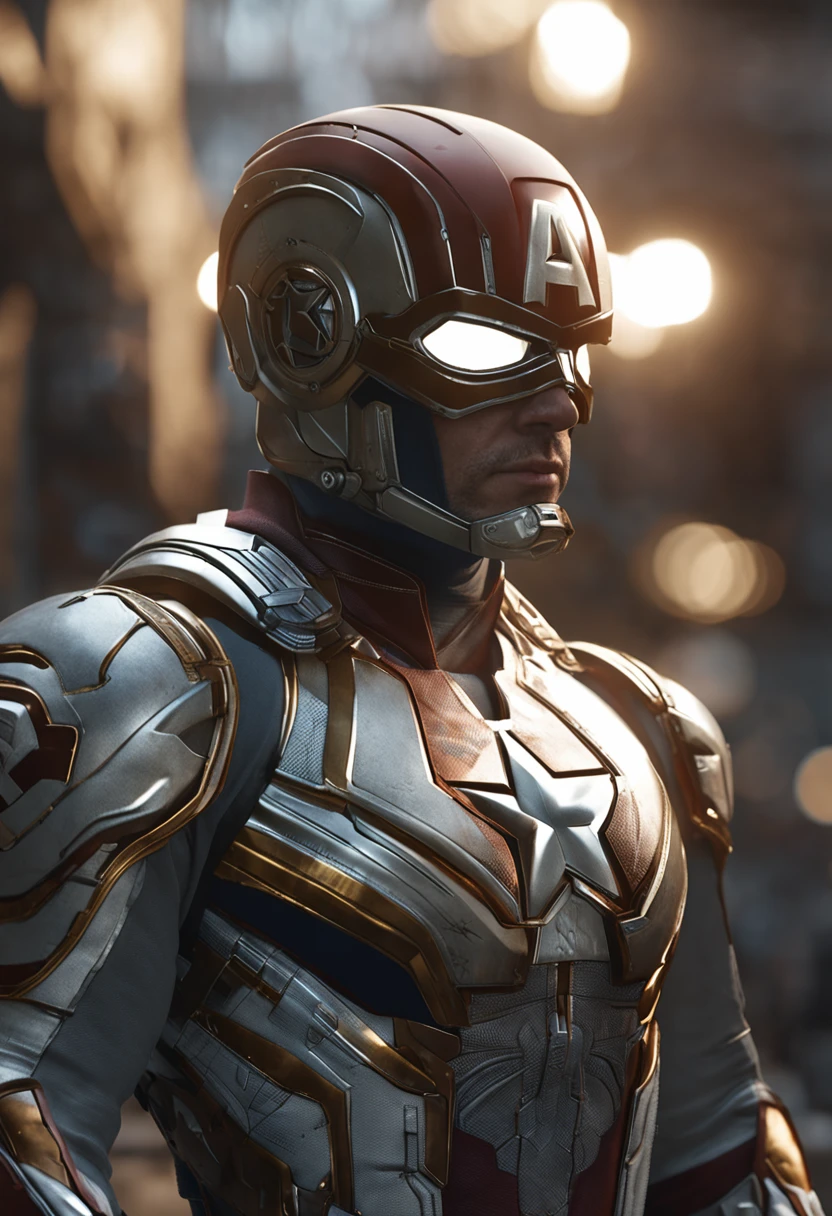 full body shot of captain america in white and gold armour style suit, no mask on, white cape, looking at center camera, perfect composition, beautiful detailed intricate insanely detailed octane render trending on artstation, 8 k artistic photography, photorealistic concept art, soft natural volumetric cinematic perfect light, chiaroscuro, award - winning photograph, masterpiece, oil on canvas, raphael, caravaggio, greg rutkowski, beeple, beksinski, giger, trending on artstation, sharp focus, studio photo, intricate details, highly detailed, night city background, by greg rutkowski