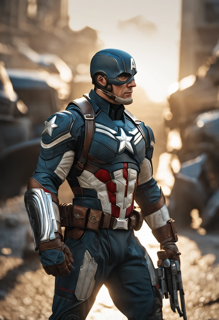 full body shot of captain america  in white and gold armour style suit, no mask on, white cape, looking at center camera, perfect composition, beautiful detailed intricate insanely detailed octane render trending on artstation, 8 k artistic photography, photorealistic concept art, soft natural volumetric cinematic perfect light, chiaroscuro, award - winning photograph, masterpiece, oil on canvas, raphael, caravaggio, greg rutkowski, beeple, beksinski, giger, trending on artstation, sharp focus, studio photo, intricate details, highly detailed, night city background, by greg rutkowski