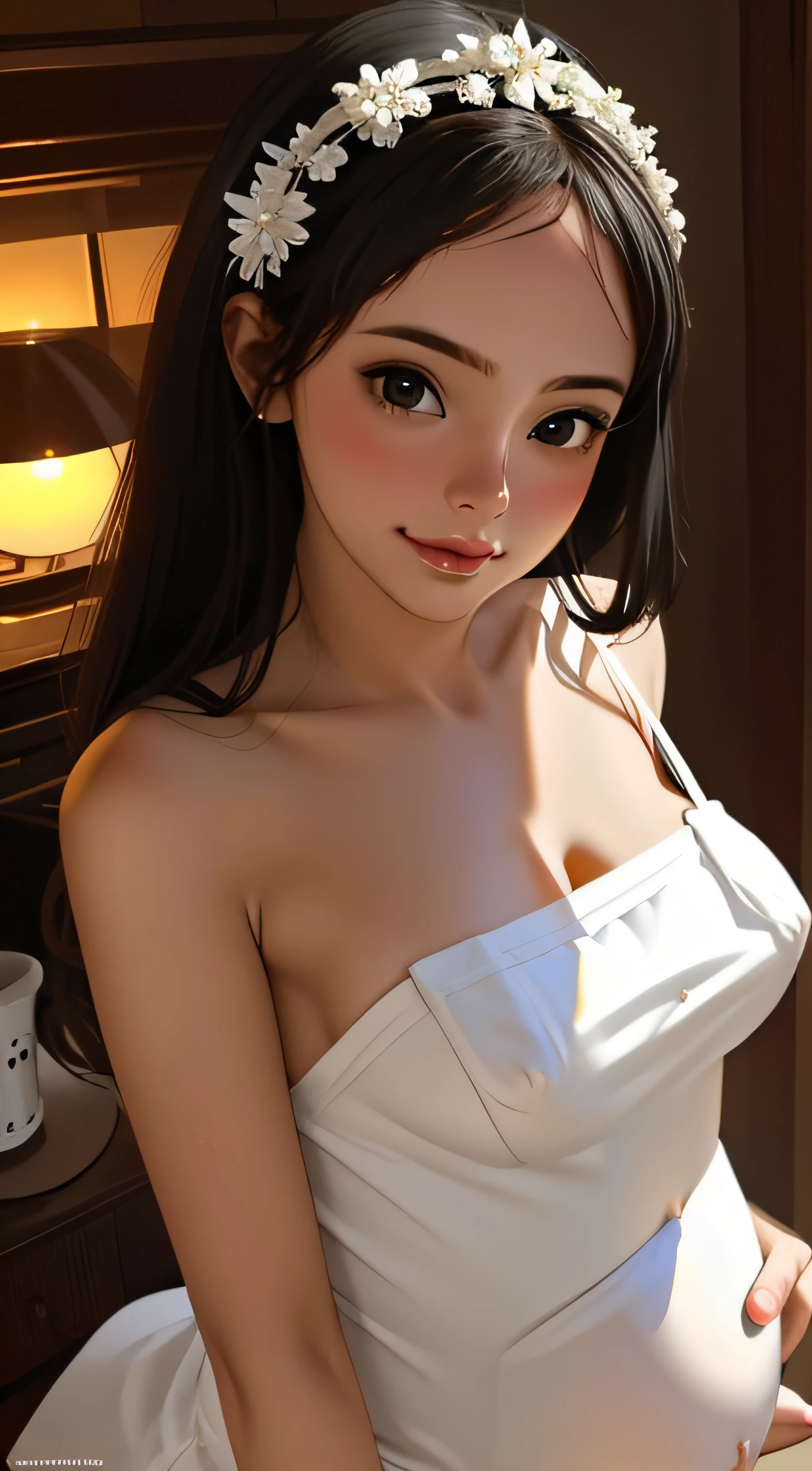 (master part, melhor qualidade), (NSFW:0.2), pregnant:0.9, (Beautiful girl), (sardas:1.1), (pequeno:1.25), usando vestido e noiva, Pose sugestiva, Olhe para o Visualizador, nipslip