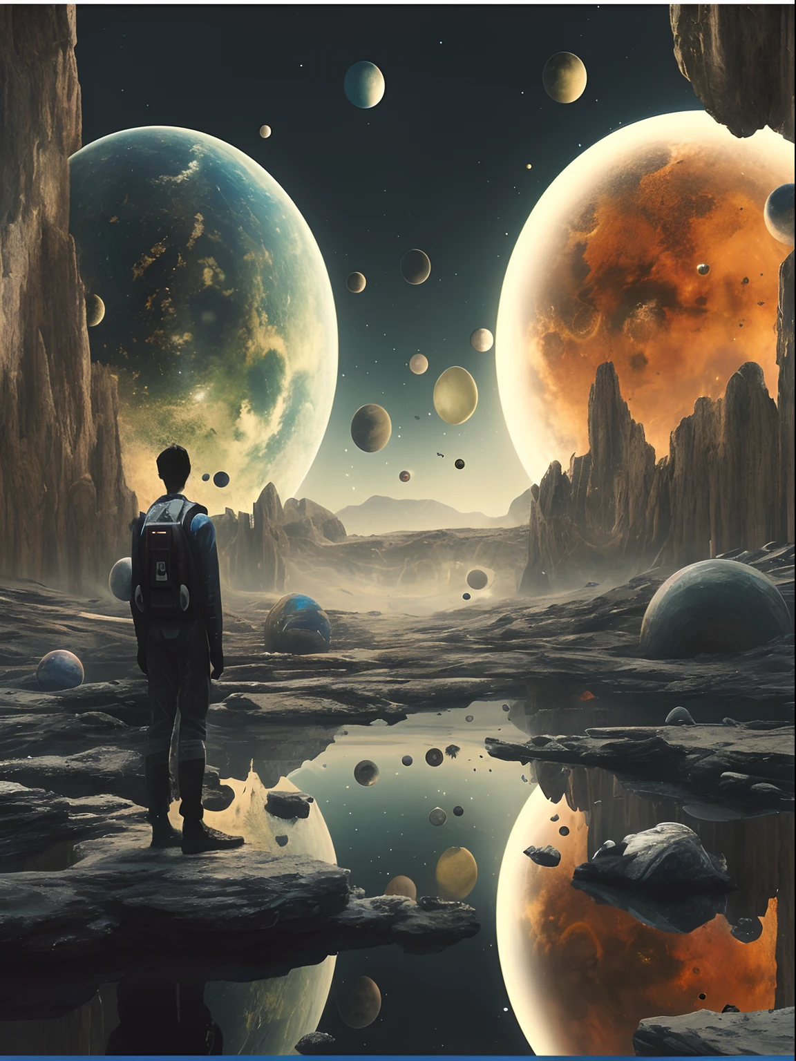 there is a man standing on a rock looking at planets, sci-fi digital art, sci-fi digital art illustration, beeple art, sci - fi illustrations, sci-fi illustrations, sci fi art, science fiction art, realism | beeple, epic surrealism 8k oil painting, beeple and tim hildebrandt, sci-fi art