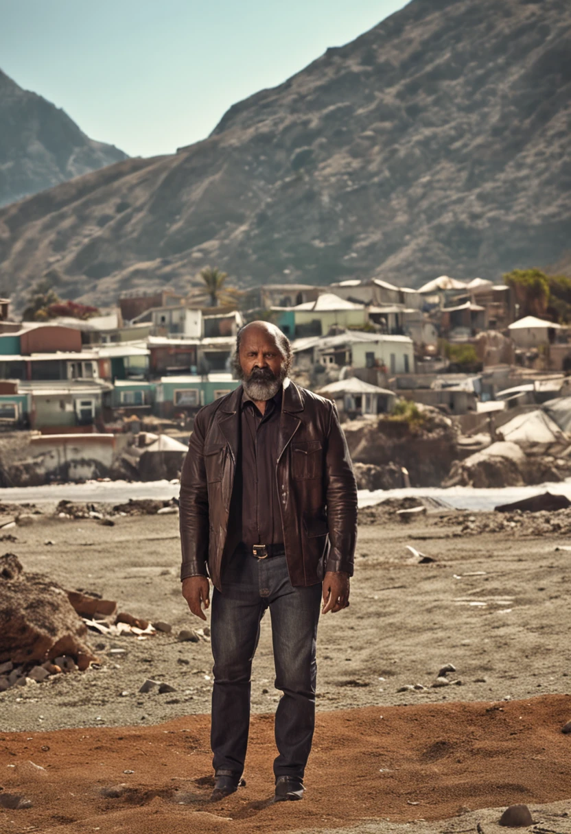 Homem, 45 anos, cabelo preto com mechas brancas, jaqueta de aviador marrom, blusa de gola alta preta, tapa olho, grande bigode, barba no queixo e bochecha bem rala, colar de dogtag