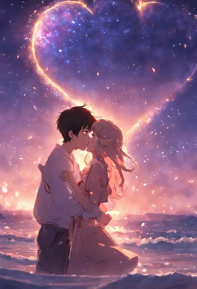 Romantic couple kissing in the wind，Boys and girls，glowing stars，Glow effects，Heart-shaped bubbles，the night，On a cruise ship，The face is clear and accurate，detail in face，super-fine，beachside，16K resolution，high qulity，电影灯光，High picture detail，dynamic viewing angle，Detailed pubic hair，Epic shooting，oc rendered