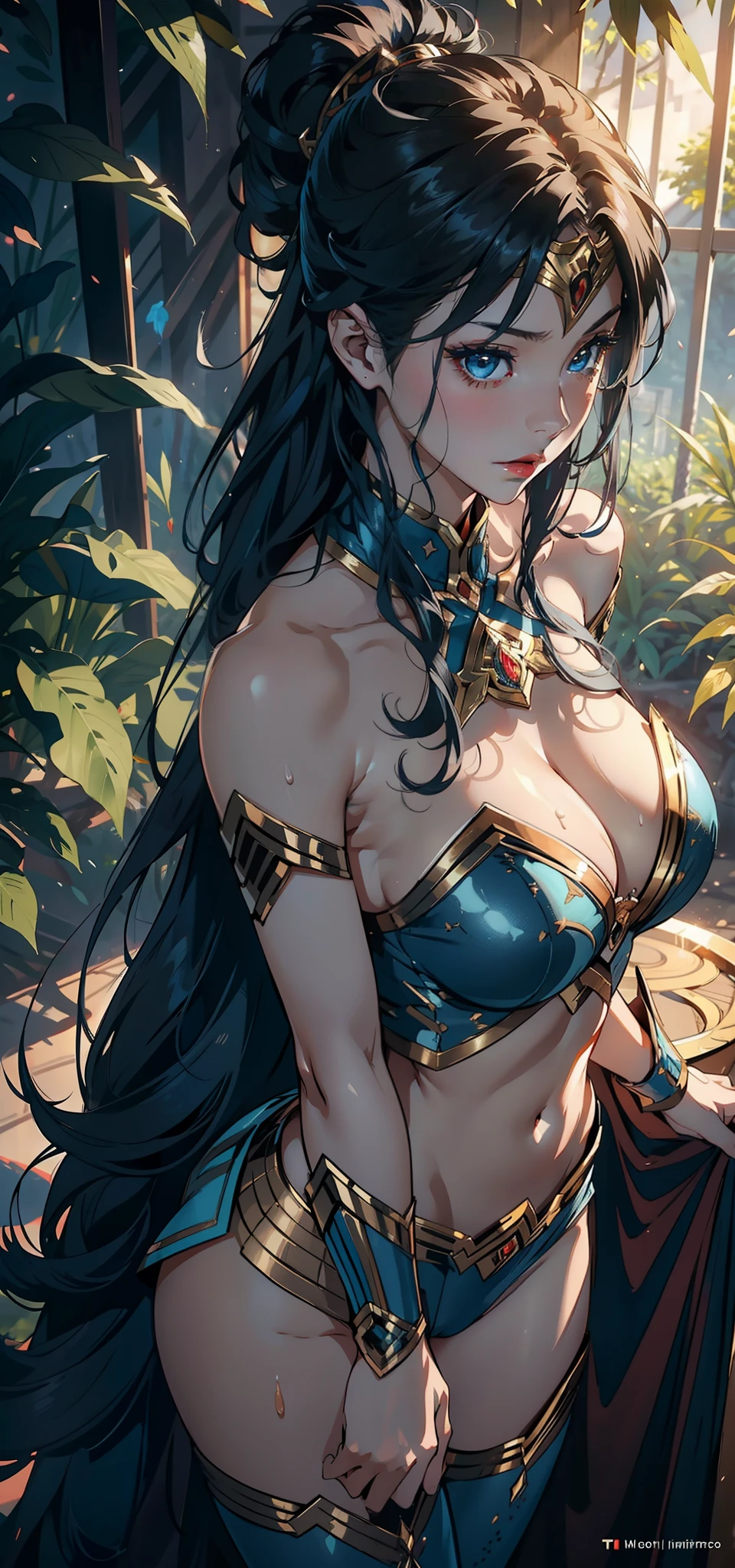 1female,35yo,熟妇,Slim,Tall,gigantic cleavage breasts,Big breasts Thin waist,slenderlegs,Pornographic exposure, 独奏,(Background with:ln the forest,the rainforest,in summer) She has long blue hair,standing on your feet,Sweat profusely,drenched all over the body,seen from the front, hair straight, mostly cloudy sky,(((tmasterpiece),(Very detailed CG unity 8K wallpaper),best qualtiy,cinmatic lighting,detailed back ground,beatiful detailed eyes,Bright pupils,blue color eyes,Redlip(Very fine and beautiful),(Beautiful and detailed eye description),ultra - detailed,tmasterpiece,)),facing at camera,A high resolution,ultra - detailed),revealing breasts,Bare genitalia, Lower body elevation,Raised sexy,Camel toes,Flushed complexion,Open-mouthed,frontage,Gold Saint Seiya(Wearing:Wonder Woman uniform,Sex shorts,Cloak),